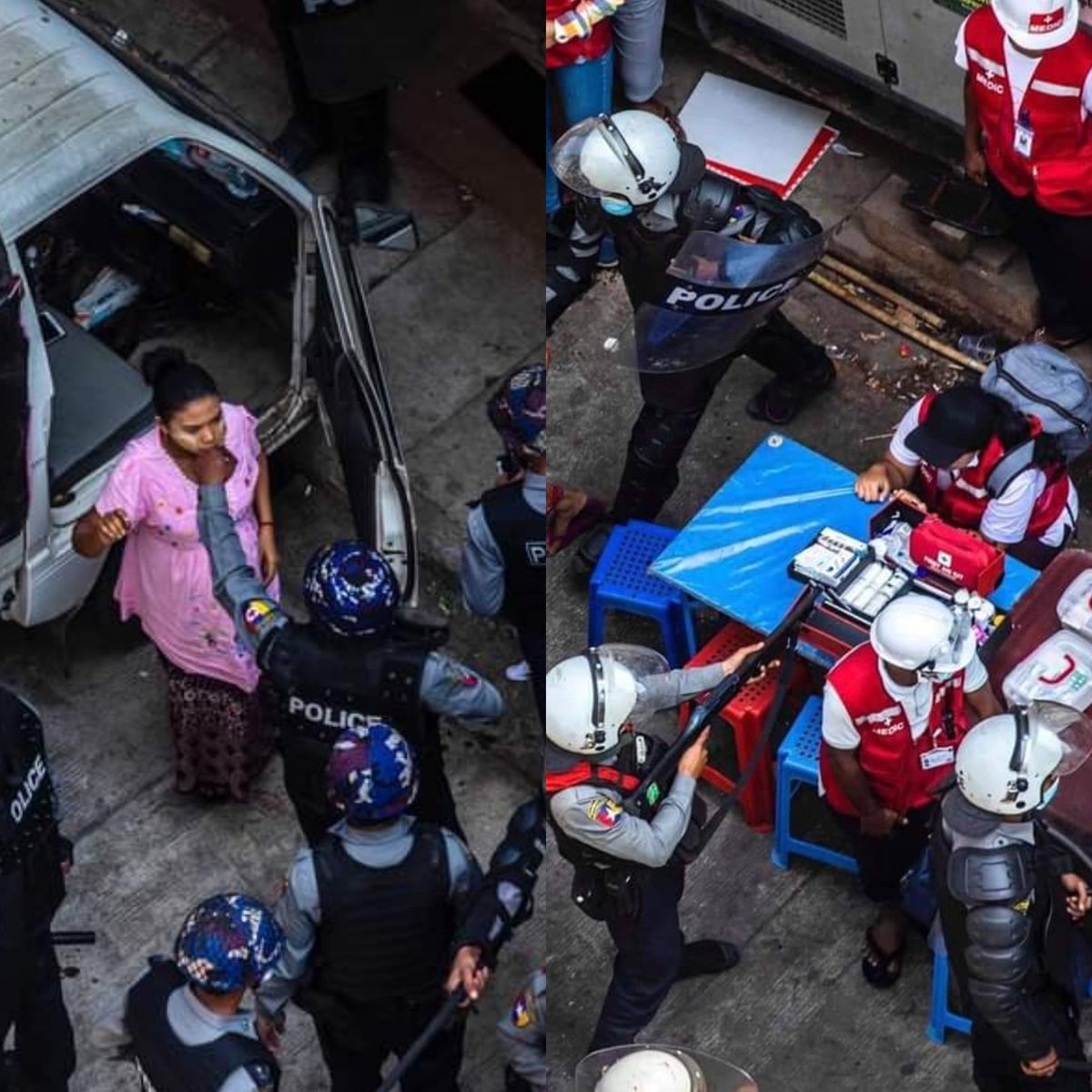 Hello world. 
Take a look at these pictures. These are Burmese cops beating a pregnant lady and threatening a medic team in the name of defending the juntas. 
Spread the words and let the innocents live. 
#RejectMilitaryCoup
#WhatsHappeningInMyanmar