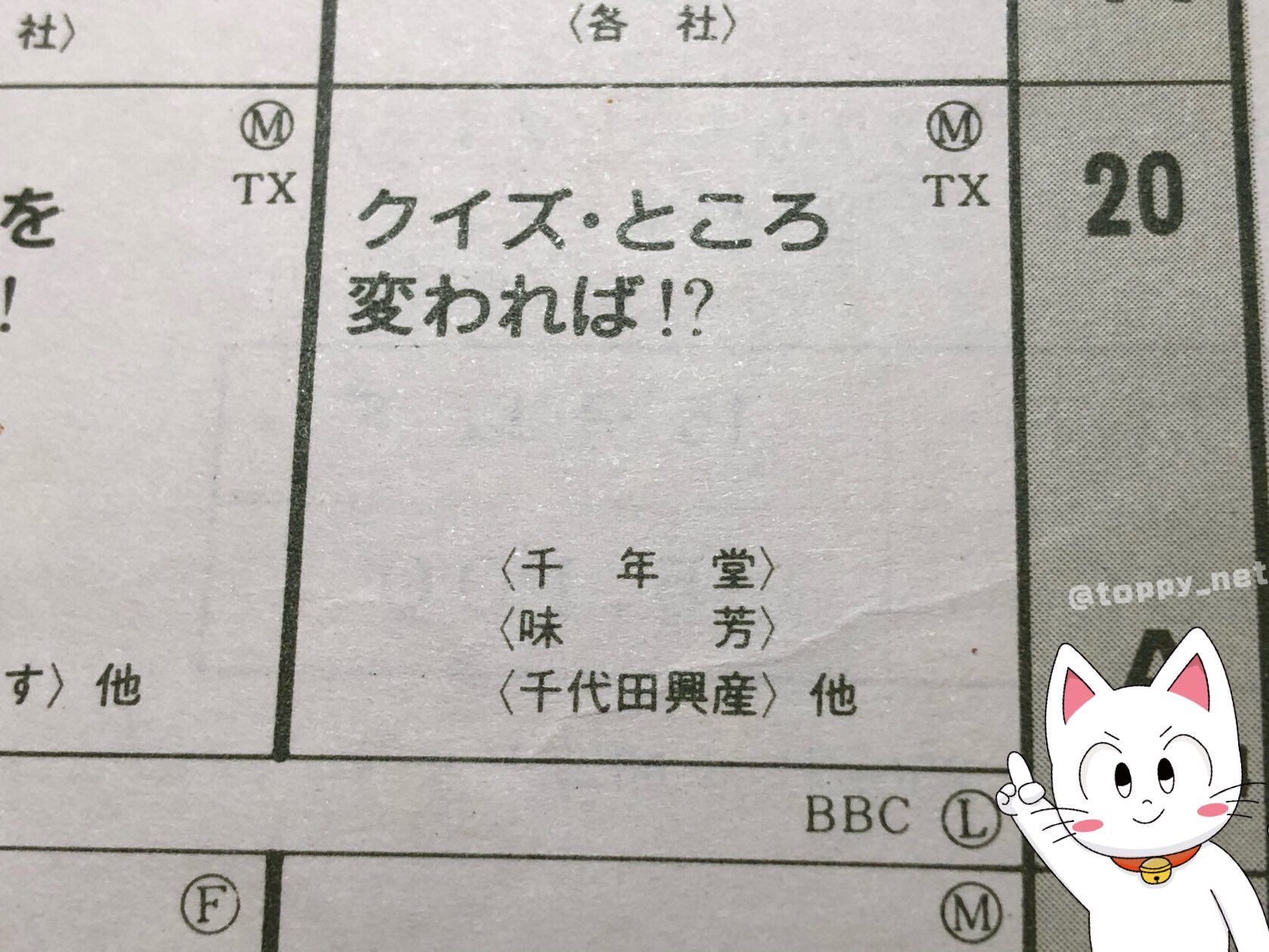 Toppy 川合登志和 クイズところ変れば を紹介している 当時のgbsプログラムガイド 当時の岐阜放送での提供は 子の子 岐阜トヨペット アオキ ホテルニューナガラカン 長森給食センター 国際秘宝館 レストラン八坂 と書いてあります 60