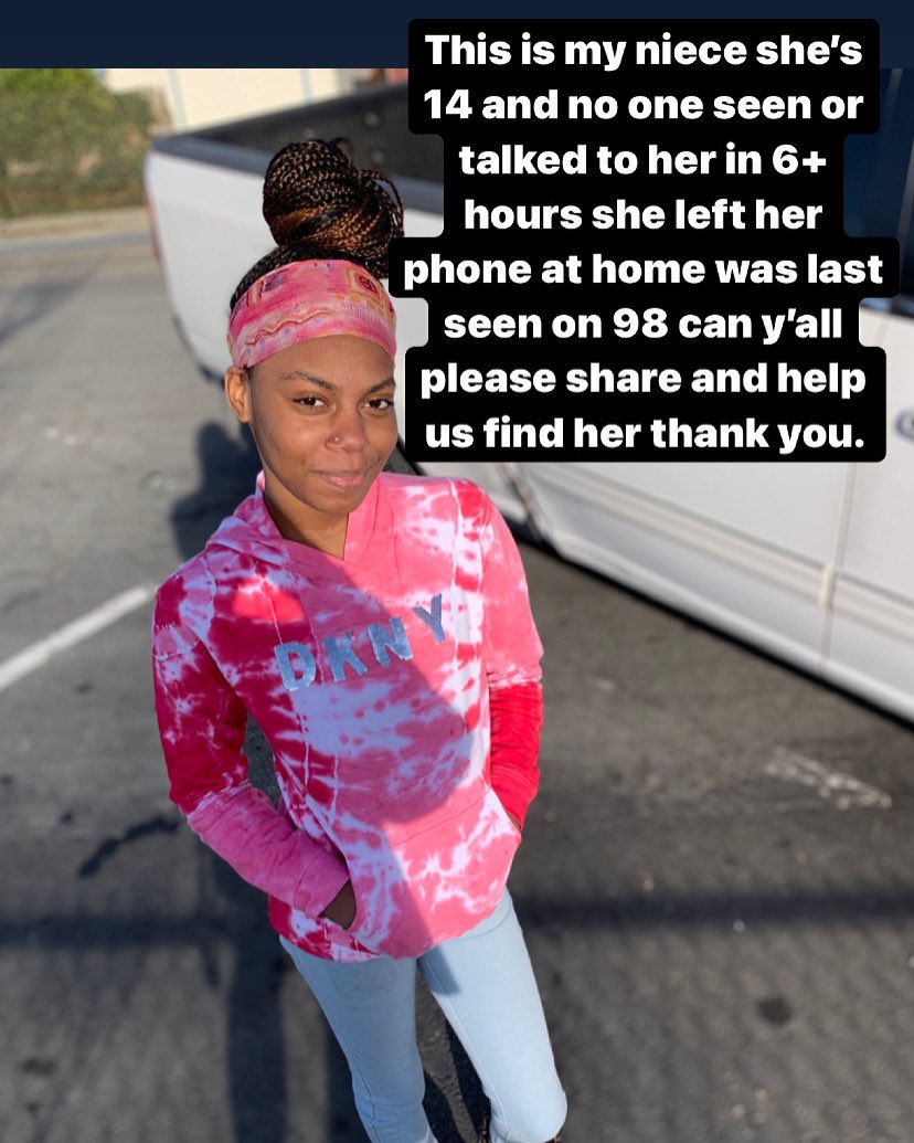 This is my niece she was last seen in 98th and A St  in Oakland please share help us find her. Me and my family would greatly appreciate it.