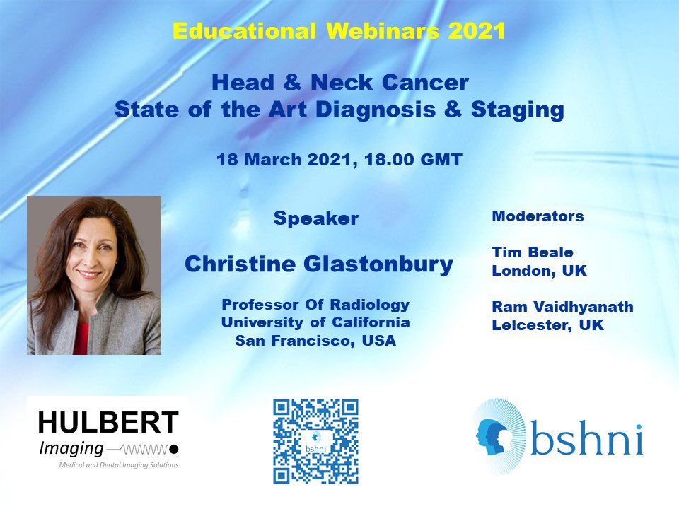 Calling all clinicians involved in Head &amp; Neck Cancers care Join us for a FREE webinar on ‘Head &amp; Neck Cancer: State of the Art Diagnosis &amp; Staging’ Presented by <a href="/CMGlastonbury/">Christine M Glastonbury, MD</a> Moderated by <a href="/DrTimBeale/">Timothy Beale</a> along with <a href="/RamVaidhyanath/">Ram Vaidhyanath</a> @ <a href="/AtaSiddiqui4/">Ata Siddiqui</a> REGISTER : bit.ly/BSHNI_Webinar_…