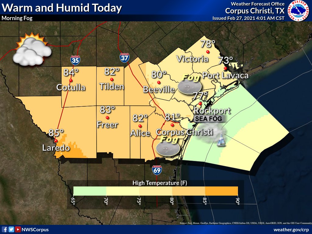 NWSCorpus's tweet photo. Fog over the Coastal Bend and Adjacent Bays, Intracoastal Waterways, and Nearshore Coastal Waters this Morning. Warm this Afternoon. Fog again Tonight over the Coastal Bend, Bays, Intracoastal Waterways and Nearshore Coastal Waters. #wxstx #txwx https://t.co/UCHH2y44wC
