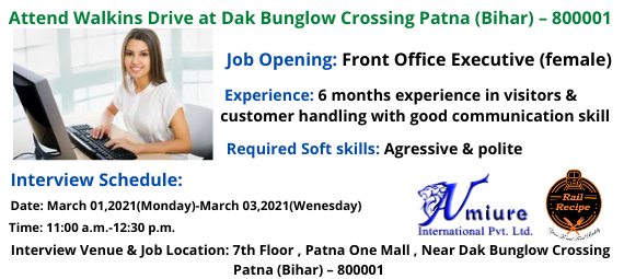 AmiureLtd's tweet photo. Job Alert!

Hi,

Female candidates with relevant experience may visit us with their updated resume for interview as per mentioned schedule.

or share resume at hr@amiureinternational.com
You may share this information to help such jobseekers currently available at Patna location. https://t.co/WlHH6qk84L