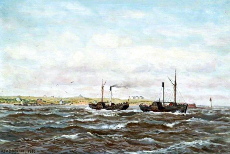 Day 2 Views of the River Mersey
Next we have 'New Brighton, Wirral, 1830' oil on board by Harold Hopps (1879-1967). You can just see the fort and lighthouse on the right hand side beyond the rather choppy waters of the Mersey estuary #rivermersey #merseyestuary #oilpainting