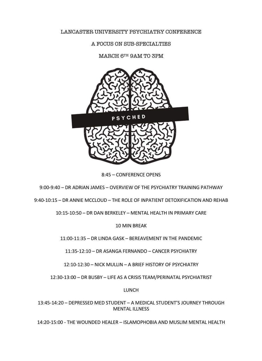 *ONE WEEK until our student psychiatry conference!* 

We are so excited to announce our timetable for the day, which will be free to attend, and certificates of attendance will be given out too ☺️ 

Register on Eventbrite: eventbrite.co.uk/e/lancaster-un…

#MedTwitter #MedStudentTwitter