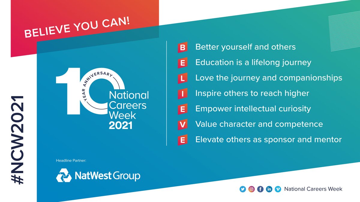 B - Better yourself and others
E - Education is a lifelong journey
L - Love the journey and companionships
I - Inspire others to reach higher
E - Empower intellectual curiosity
V - Value character and competence
E - Elevate others as sponsor and mentor

BELIEVE YOU CAN! #NCW2021