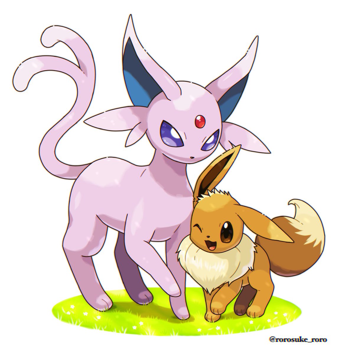 eevee ,espeon pokemon (creature) no humans one eye closed open mouth grass smile brown eyes  illustration images