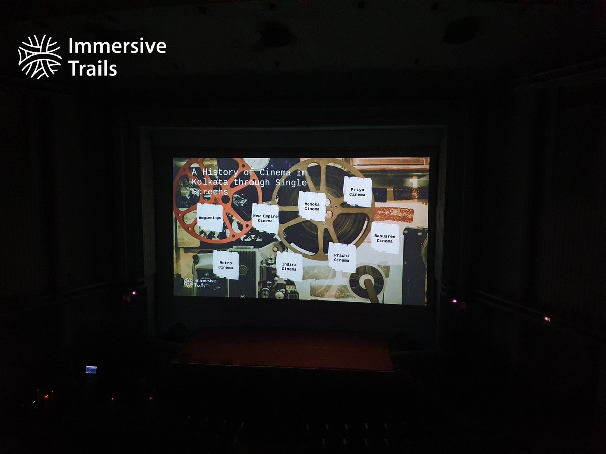 ArchaeoNomad's tweet photo. ...and we are on a biiiig screen! 

This is a #VirtualExperience of the story of #cinema in #Calcutta through its single screens. We are privileged to do this in collaboration with #ArthouseAsia #FilmFestival 2021 at the historic setting of #Kolkata's #Basusree cinema. https://t.co/KNqdnfIu0t