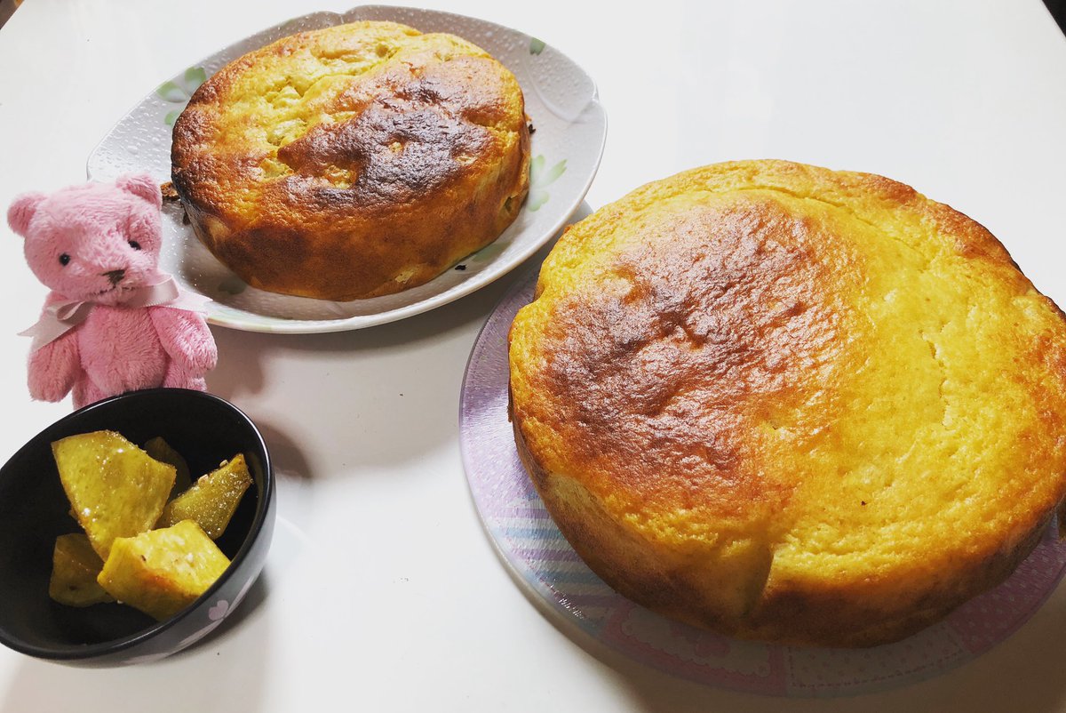 のんびりくま スイートポテトケーキを作ってみた 実家のさつまいも 紅はるか 使用 里帰り中で家族多いから多めに 母が大学芋もいっぱい作ったから さつまいも三昧 W 笑 体重管理 ౪ スイートポテトケーキ おうちカフェ 大学