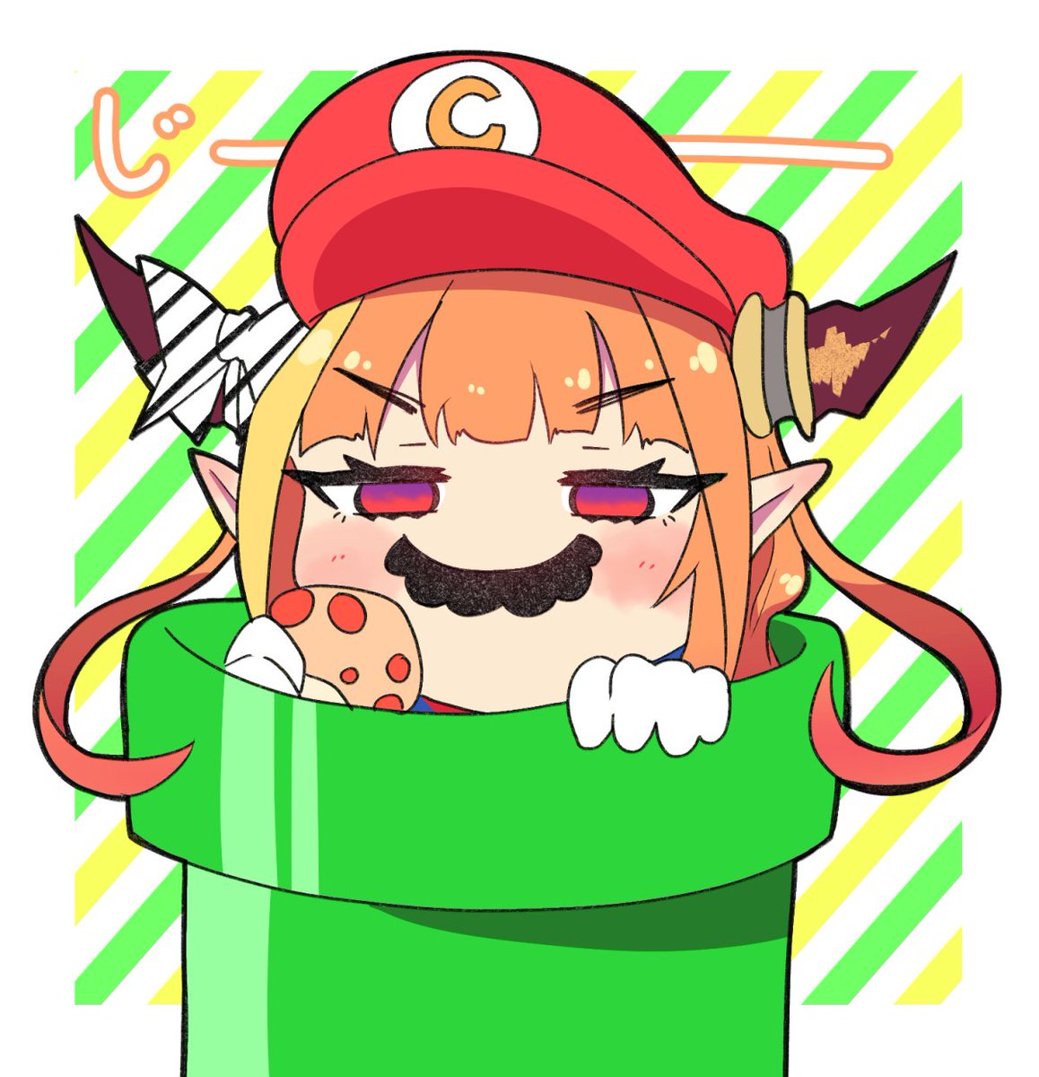 kiryu coco ,mario 1girl fake facial hair fake mustache pointy ears horn bow orange hair dragon horns  illustration images