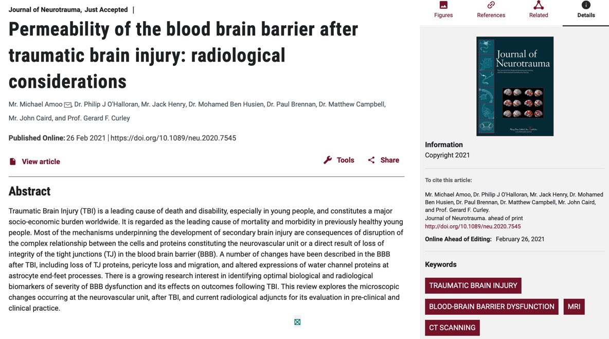 Our paper in Journal of Neurotrauma <a href="/DavidLBrody1/">David L. Brody</a> “Permeability of the blood brain barrier after traumatic brain injury: radiological considerations”........<a href="/mikeamoojr/">Michael Amoo</a> <a href="/RlhNeurosurgery/">RLH Neurosurgery</a> <a href="/RCSI_Irl/">RCSI</a>  <a href="/Beaumont_ICU/">Beaumont_ICU</a> #Neurosurgery liebertpub.com/doi/10.1089/ne…
