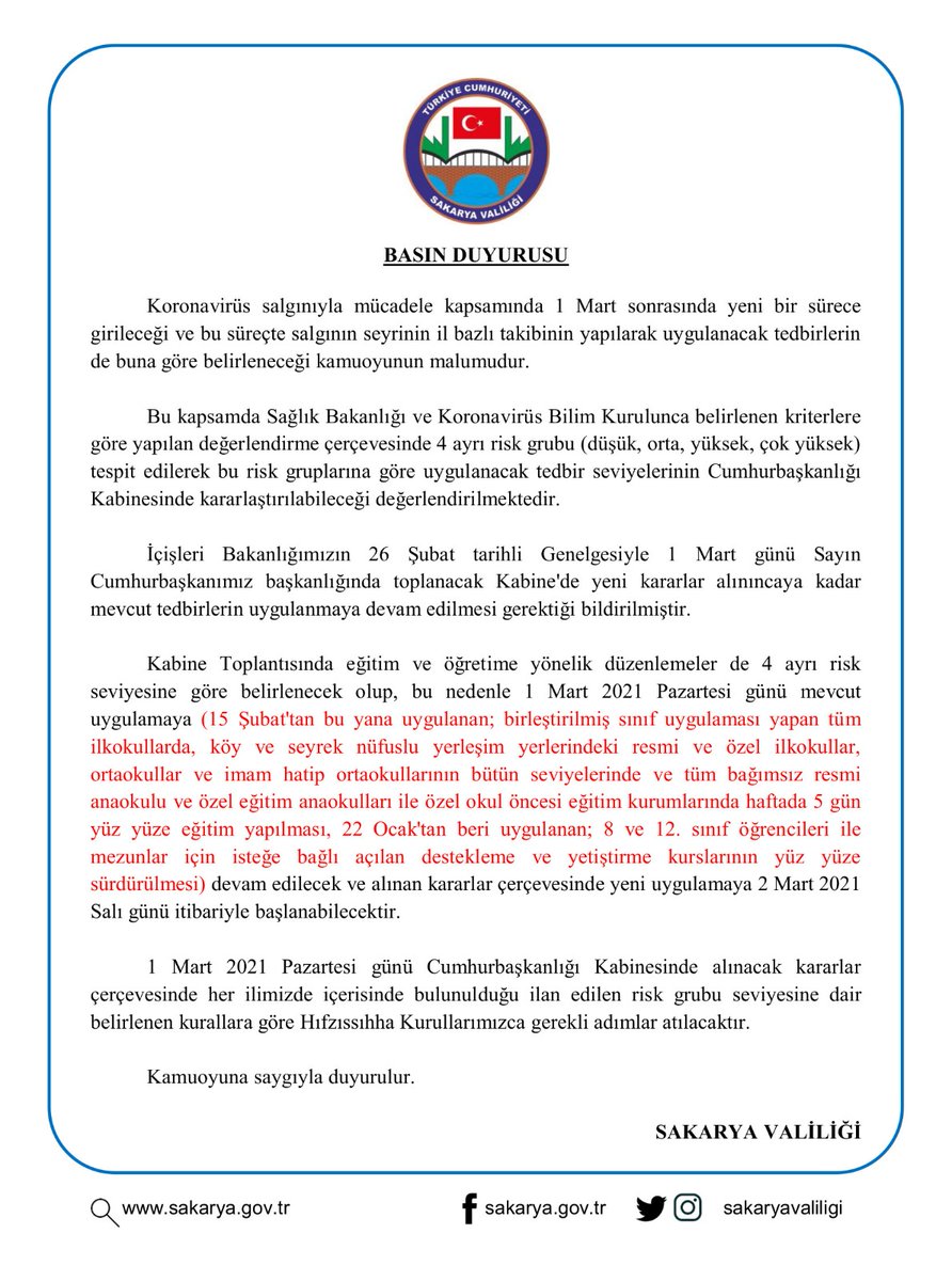 Valiliğimizin basın duyurusu kapsamında 1 Mart Pazartesi günü açılması planlanan okullarımız ve lise öğrencilerimize yapılacak yazılı sınavların planlamasına yine aynı gün yapılacak kabine toplantısı sonrası karar verilecektir.