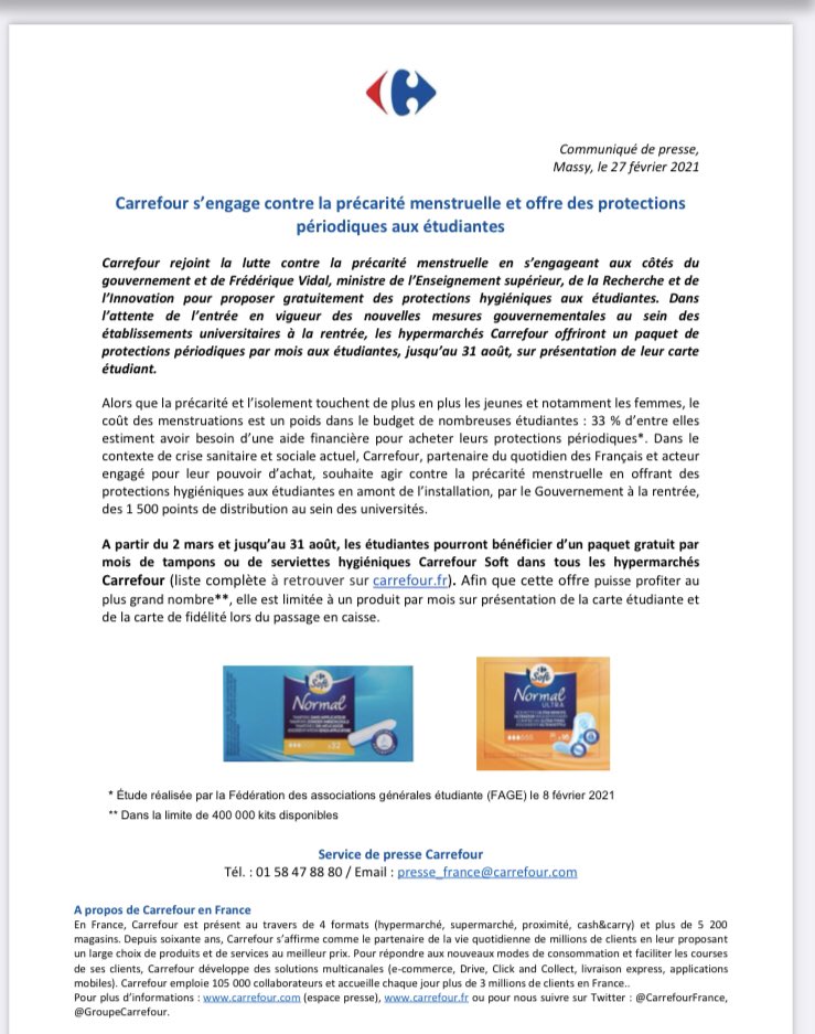 FBayre's tweet photo. Carrefour s’engage contre la précarité menstruelle et offre des protections périodiques aux étudiantes #precaritemenstruelle #hypermarches @VidalFrederique https://t.co/udhz6X85Sp