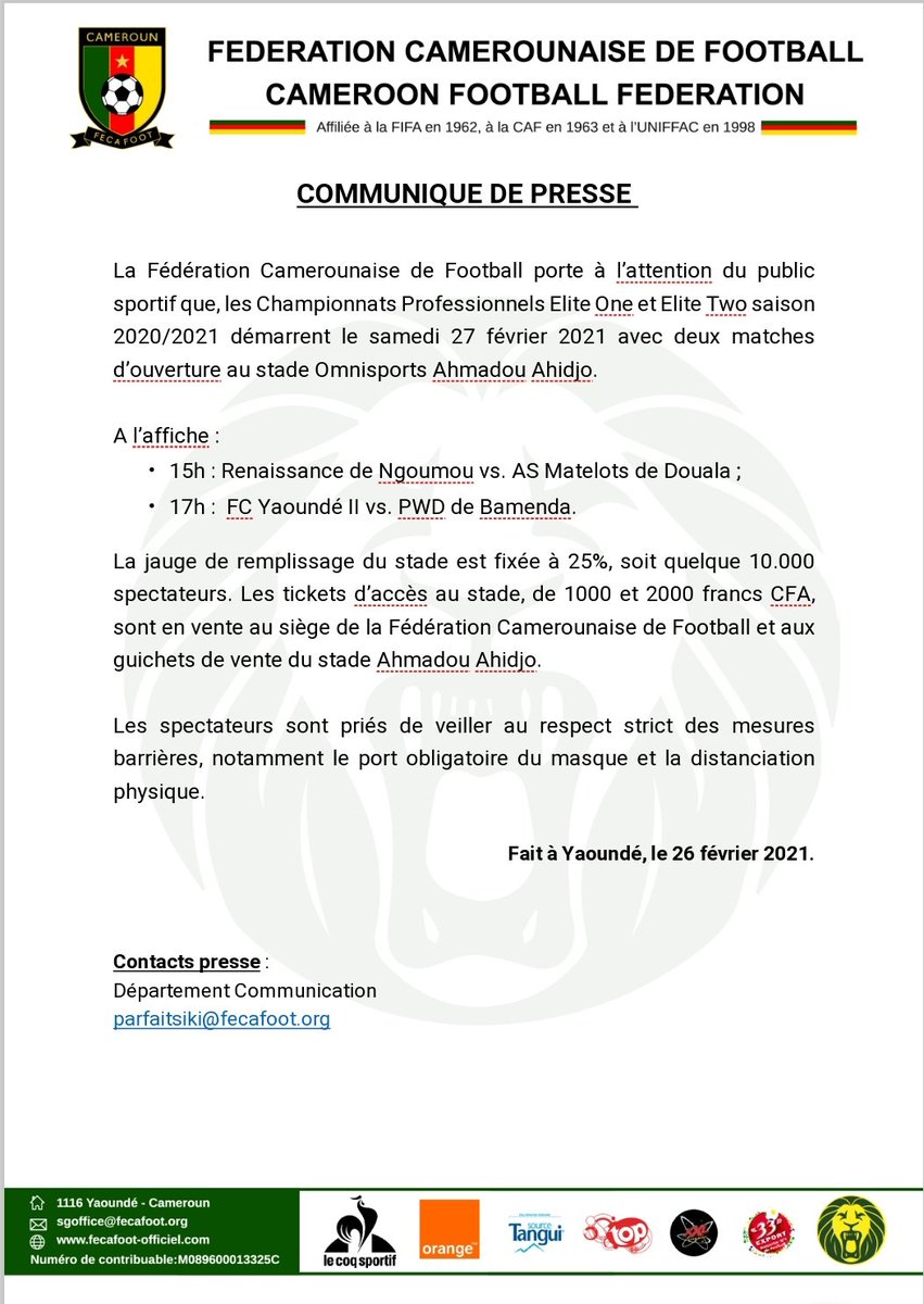 FecafootOfficie's tweet photo. Le taux de remplissage du stade Ahmadou Ahidjo cet après-midi pour le lancement des championnats #EliteTwo et #EliteOne est fixé à 2⃣5⃣%. Et le respect des mesures barrières est obligatoire. 

#PlaceAuFootball
#EliteOne2021
#EliteTwo2021 https://t.co/JhymZLvFyi