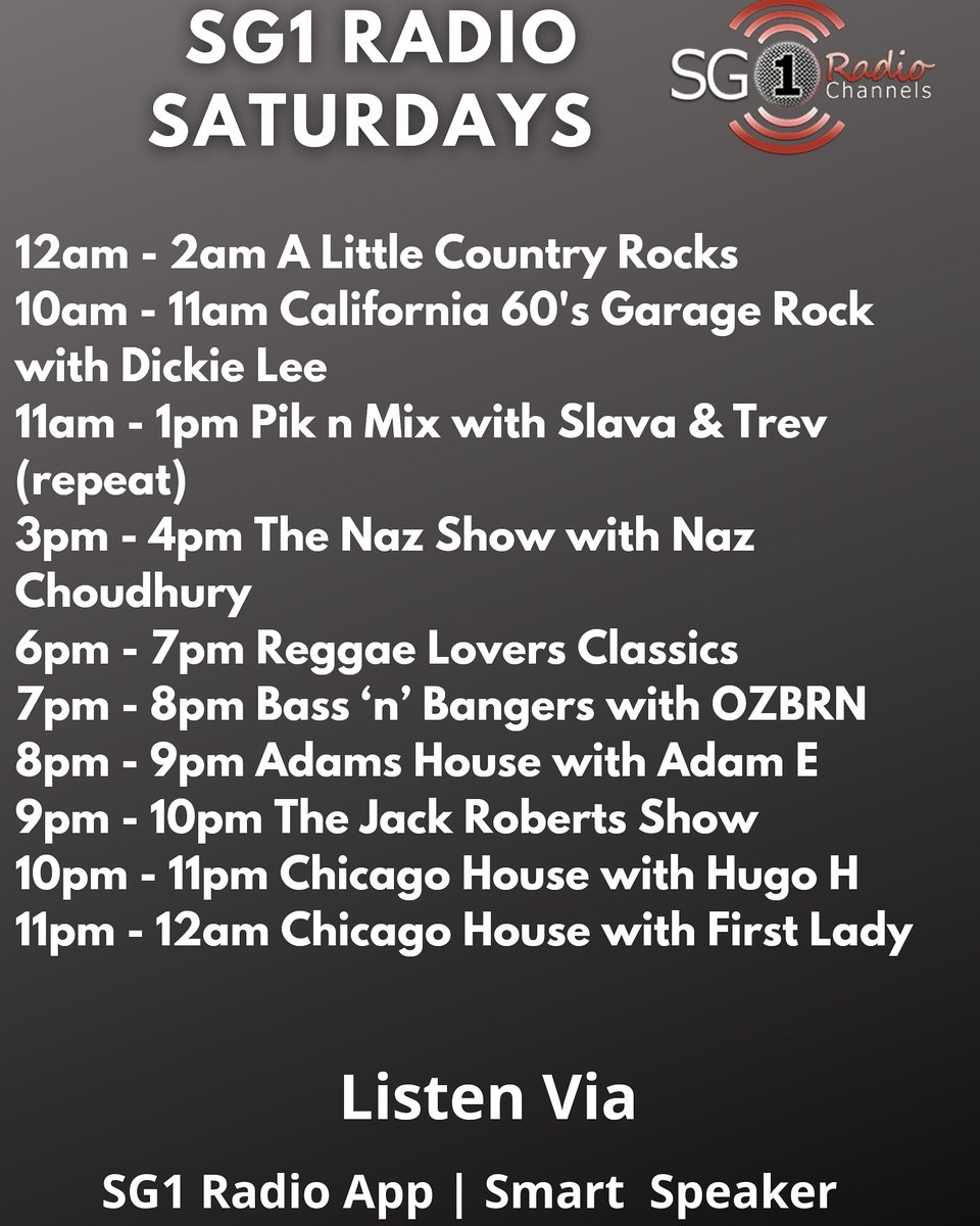 sg1radio's tweet photo. Here is your Super Saturday lineup! 🔥 Happy weekend everyone 😁
#sg1radio #sg1live #Radio #radiopresenters #showhosts #radiohosts #presenters #dj #music #housemusic #reggae #drumandbass #live https://t.co/gesOnUhM8z