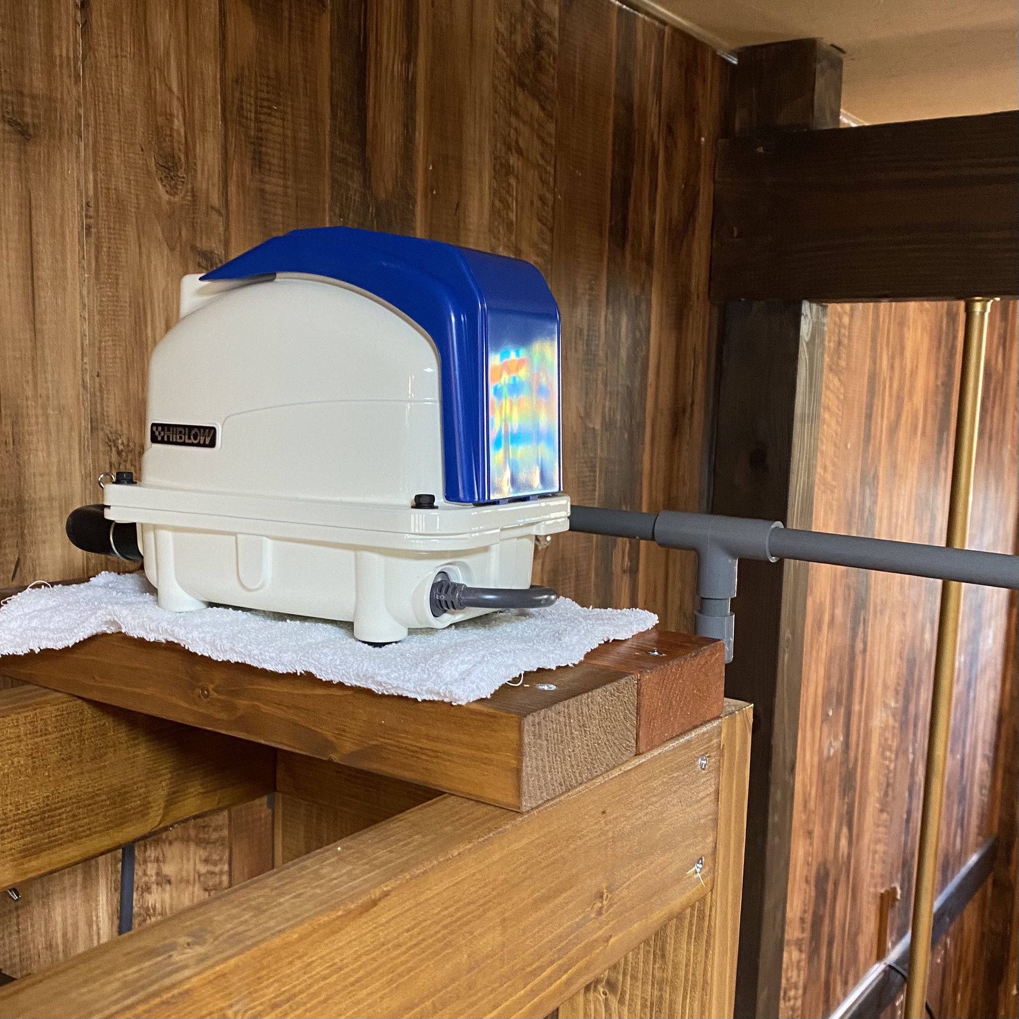 タチハラ Aqua Shop アレンジ ブロアー設置完了 ブクブクと聞き慣れた音が響いてきました 逆流対策で水槽棚の上に設置しましたが 騒音しだいで移動します ひとまず ここで決まり ブロワー 金魚 メダカ エアー配管 塩ビパイプdiy T