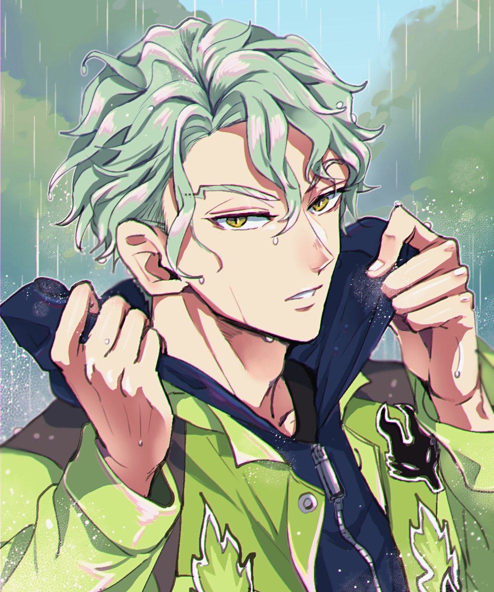 1boy male focus solo jacket green hair hood looking at viewer  illustration images