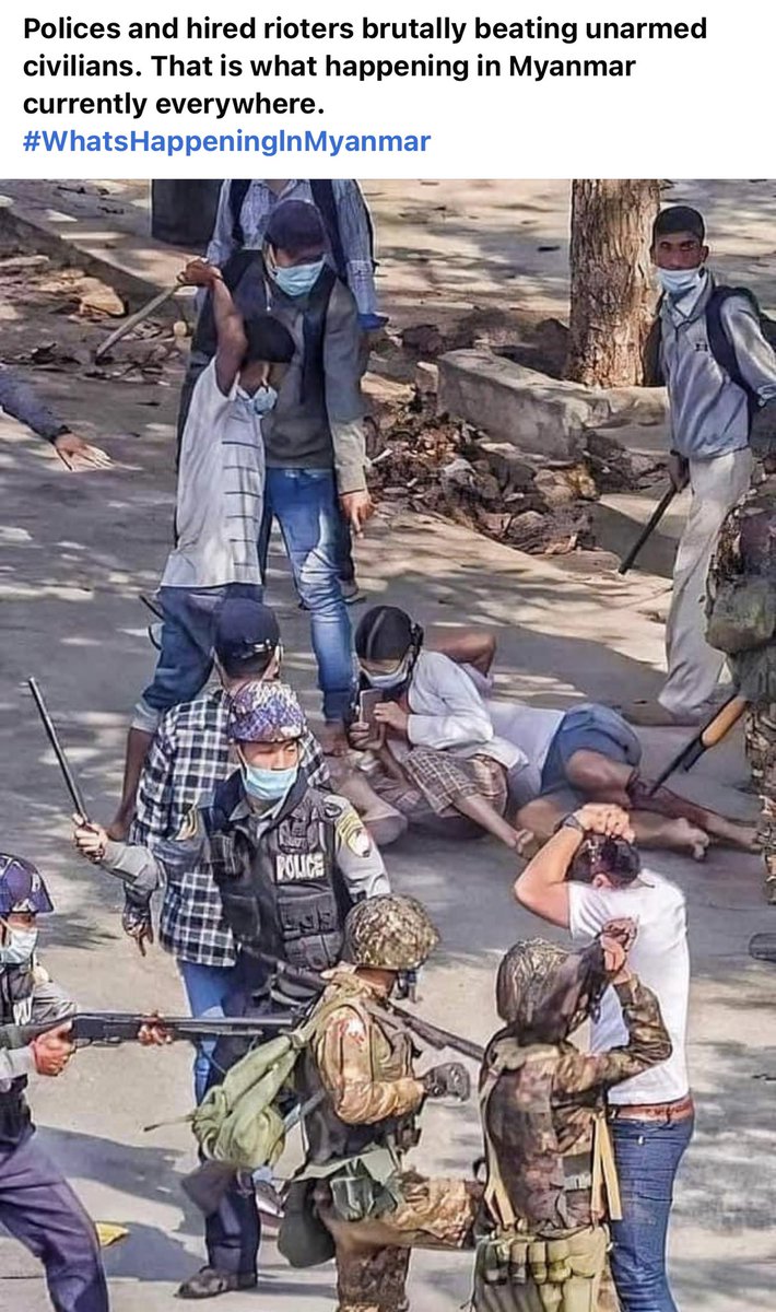 MyoGyii8's tweet photo. Polices and hired rioters brutally beating unarmed civilians. That is what happening in Myanmar currently everywhere.
#WhatsHappeninglnMyanmar https://t.co/1SD4618884