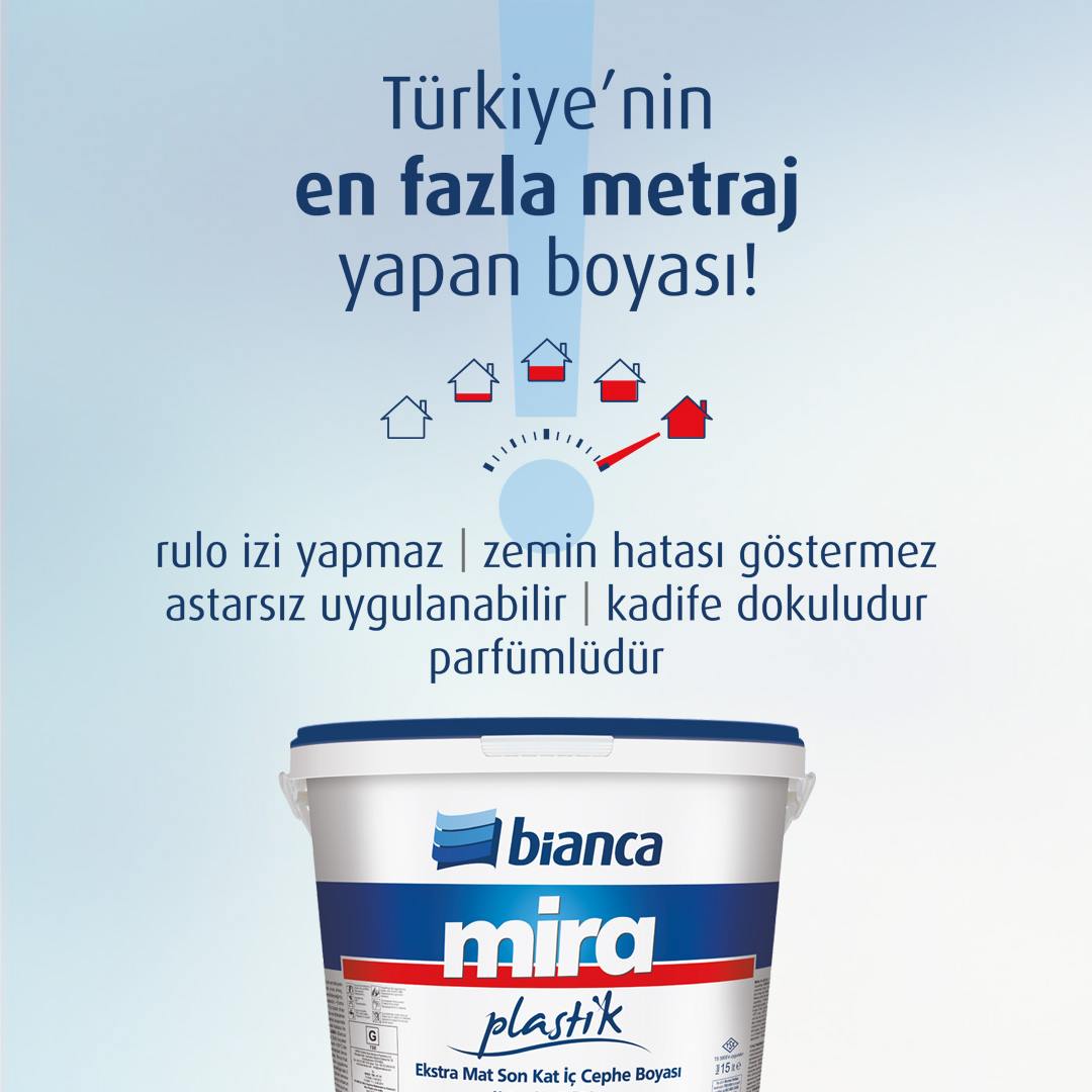 Bianca Mira Plastik, ekonomi ve kaliteyi birarada veren vinil reçine esaslı, extra mat görünümlü, çok beyaz ve örtücü, iç ve dış yüzey dekoratif son kat emülsiyon duvar boyasıdır. #biancaboya #boya #içcepheboyası #dışcepheboyası bianca.com.tr/urun/mira-plas…