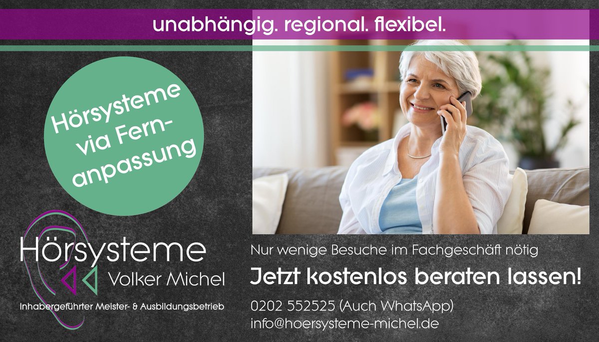 Eine neue Art der Hörgeräteanpassung - Wir beraten Sie dazu gerne per Telefon oder persönlich im Fachgeschäft.
Wir freuen uns auf Sie!