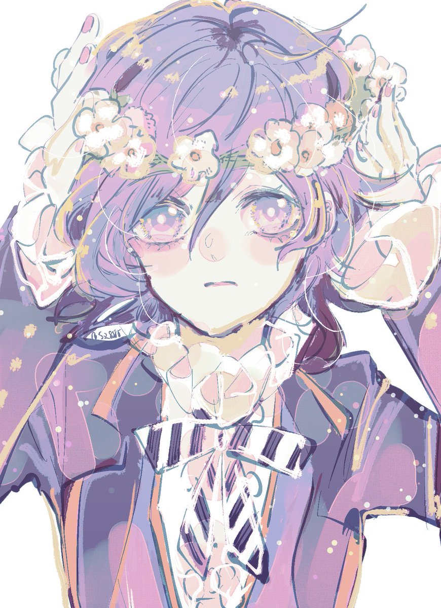 solo purple hair head wreath purple eyes white background bow looking at viewer  illustration images