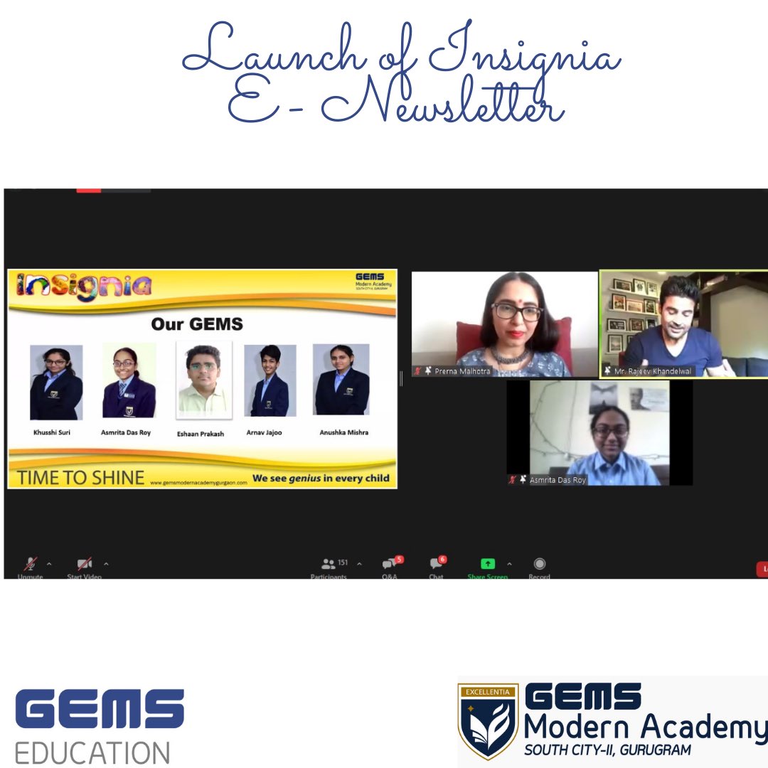satyaschoolggn's tweet photo. GEMS Modern Academy, Gurugram proudly launched its first e-Newsletter, Insignia on 27 February 2021.The Chief Guest of the day was none other than Mr. Rajeev Khandelwal, a well-known actor, anchor and singer who announced the launch of Insignia. @Deepika73854242 @RK1610IsMe https://t.co/DSS6BYYHzz