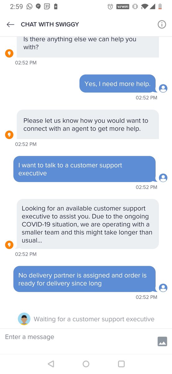 poonamtilekar's tweet photo. @swiggy_in @SwiggyCares Left with no option but to put a tweet. Order is ready for no delivery partner assigned. Pathetic bot support no CCE to chat. Where to go? The status is also wrong. I called Mc donalds as well. https://t.co/hXHTQjsZwi