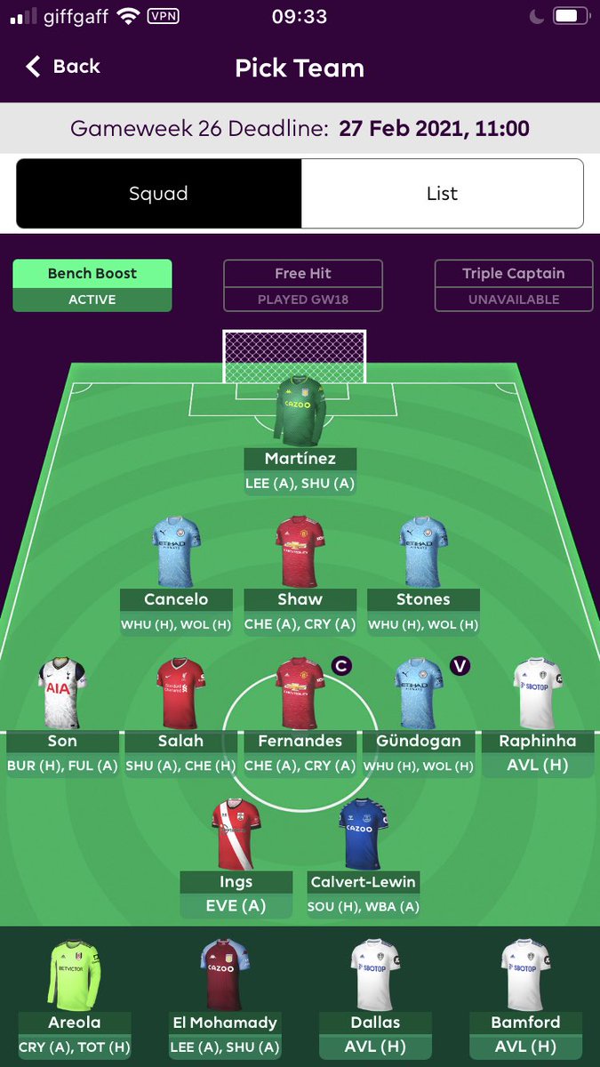 #DGW26 🔒

Transfers:
Mee➡️El Mohamady
Steer➡️Areola(-4)

Activated BB! So going to hopefully have my players in 26 games! Villa defence looks solid so going with ultra differential El Mohamady as a one week punt, captaining Bruno.
#FPL #FPLCommunity