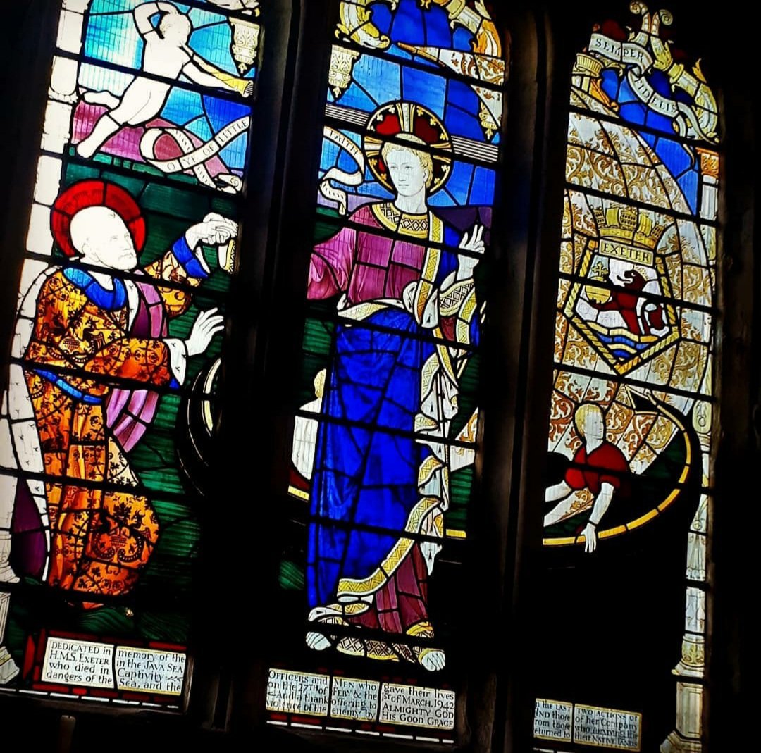 ExeterCathedral's tweet photo. Join us on Facebook live at 1100 this morning as we commemorate the sinking of HMS Exeter on 1 March 1942, from the chapel of St Andrew and St Catherine. The window in the chapel is a memorial to those who lost their lives.
https://t.co/oE6GLPfSsF
#HMSExeter #WeWillRememberThem https://t.co/H9iR0aiYUp