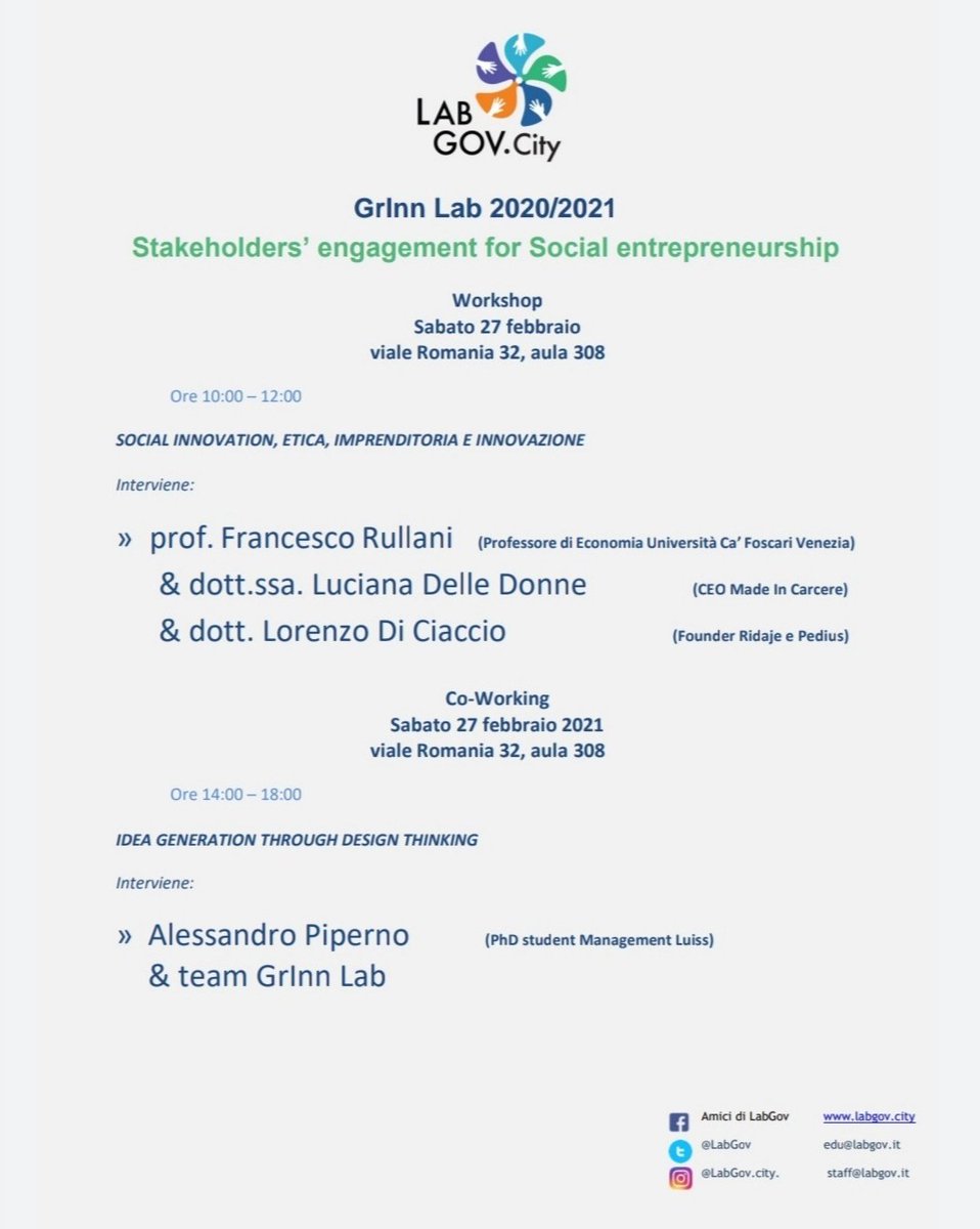 LabGov's tweet photo. Oggi 27 febbraio ha inizio il percorso del #GrInnLab 2021 in @UniLUISS . Con il primo modulo "Stakeholders’ engagement for Social entrepreneurship" si parlerà di innovazione sociale e collaborazione fra stakeholders per ottenere added value. https://t.co/Q3az329Ya8