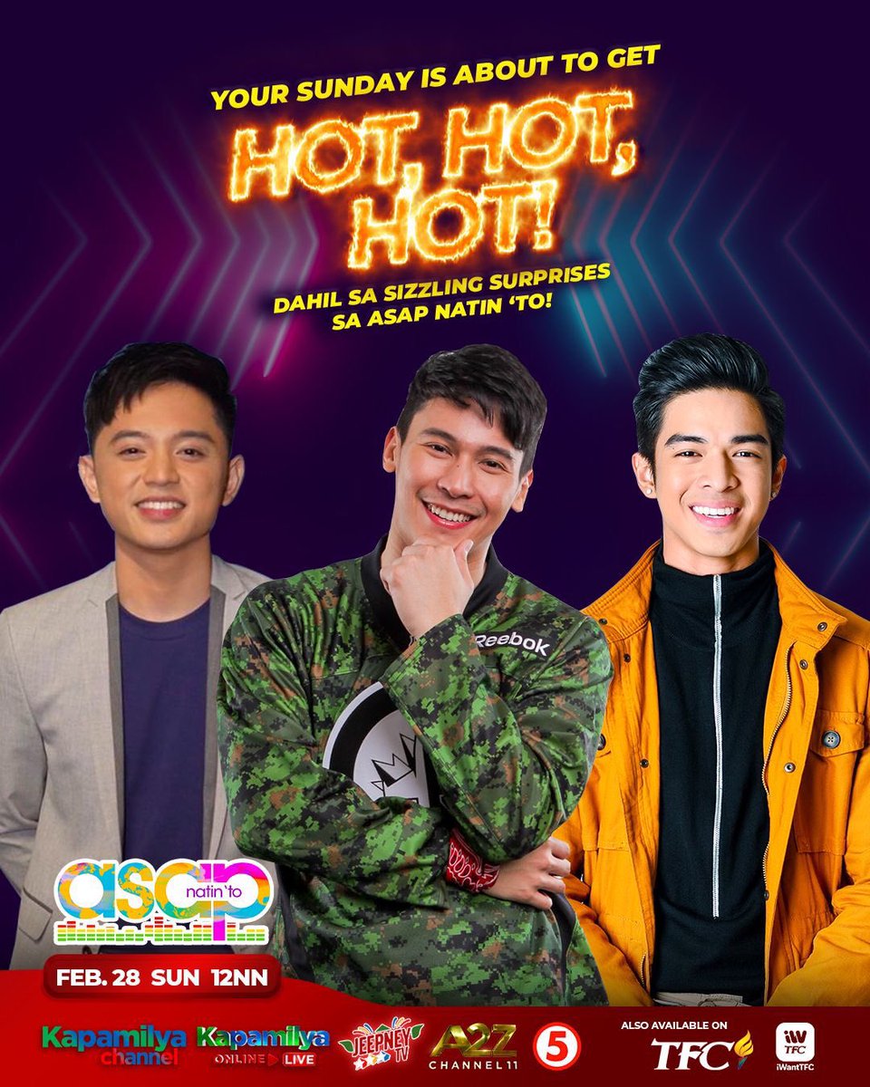 solidchongdees's tweet photo. Your Sunday is about to get HOT, HOT, HOT! Dahil sa sizzling surprises sa ASAP Natin 'To!

Join na sa masayang party bukas 12NN sa Kapamilya Channel, Kapamilya Online Live, A2Z, and TV5!

Mapapanood rin ang #ASAPNatinTo sa TFC at iWantTFC! @enchongdee777 

#ASAPHotHotHot   ccto: https://t.co/QzEjFOndlQ