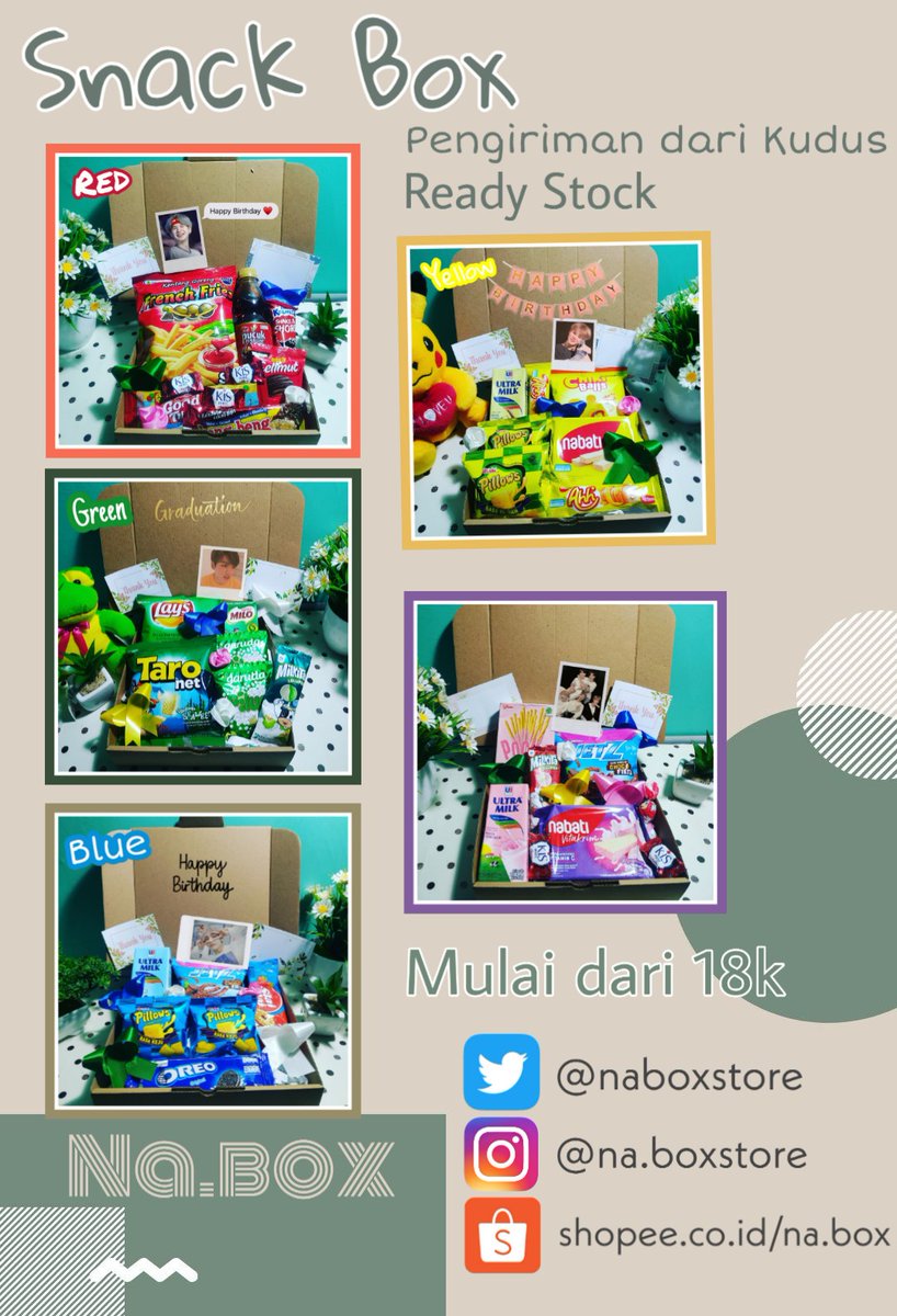 naboxstore's tweet photo. Snack Box yang super uwu ini cocok untuk hadiah ulang tahun / wisuda / valentine dll

Kamu bisa dapat 
🍀 5-6 Item snack seperti di gambar
🍀 Free Greeting Card (sesuai request)
🍀 Free bubble warp
🍀 Start from 18k

#snackbox #hampers #giftbox https://t.co/G9HD5uZZOE