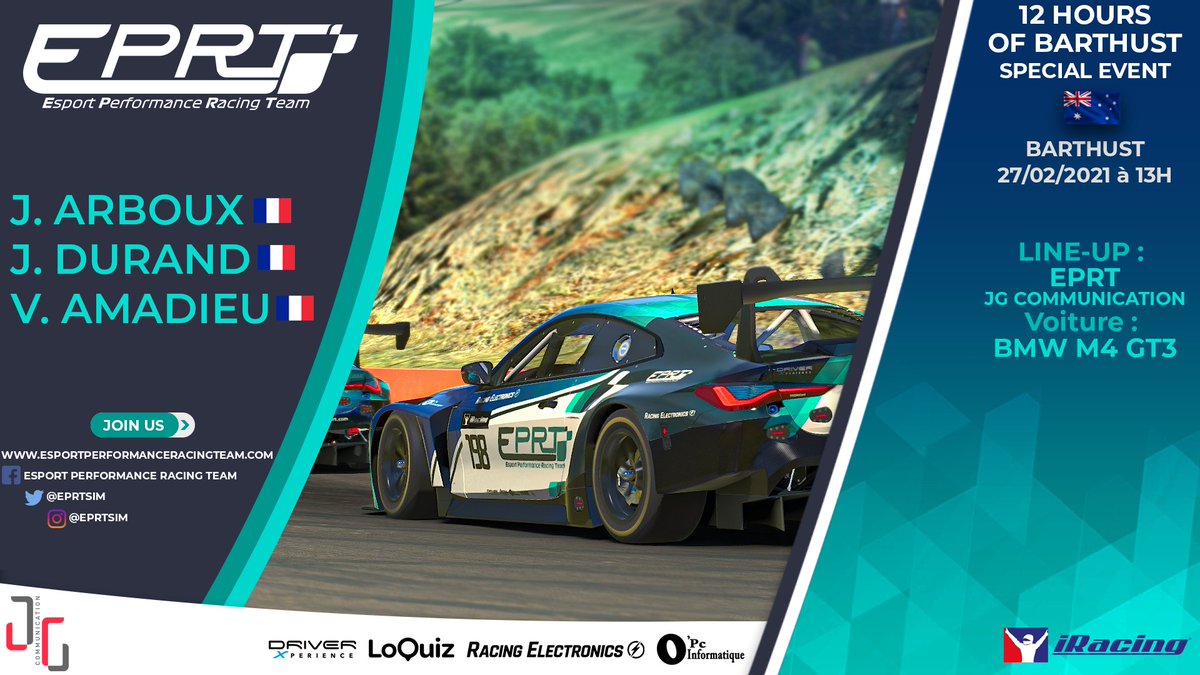 EPRTsim's tweet image. 📢 ROAD WARRIOR'S COME BACK 📢

Découvrez la première voiture de cette course de guerriers, avec cette superbe M4 qui représentera notre sponsors Julien Grandjacquet Communication 👍

Bonne chance les mecs !

➡️ Départ à 13H !

#12HOURSBARTHUST #IRACING
