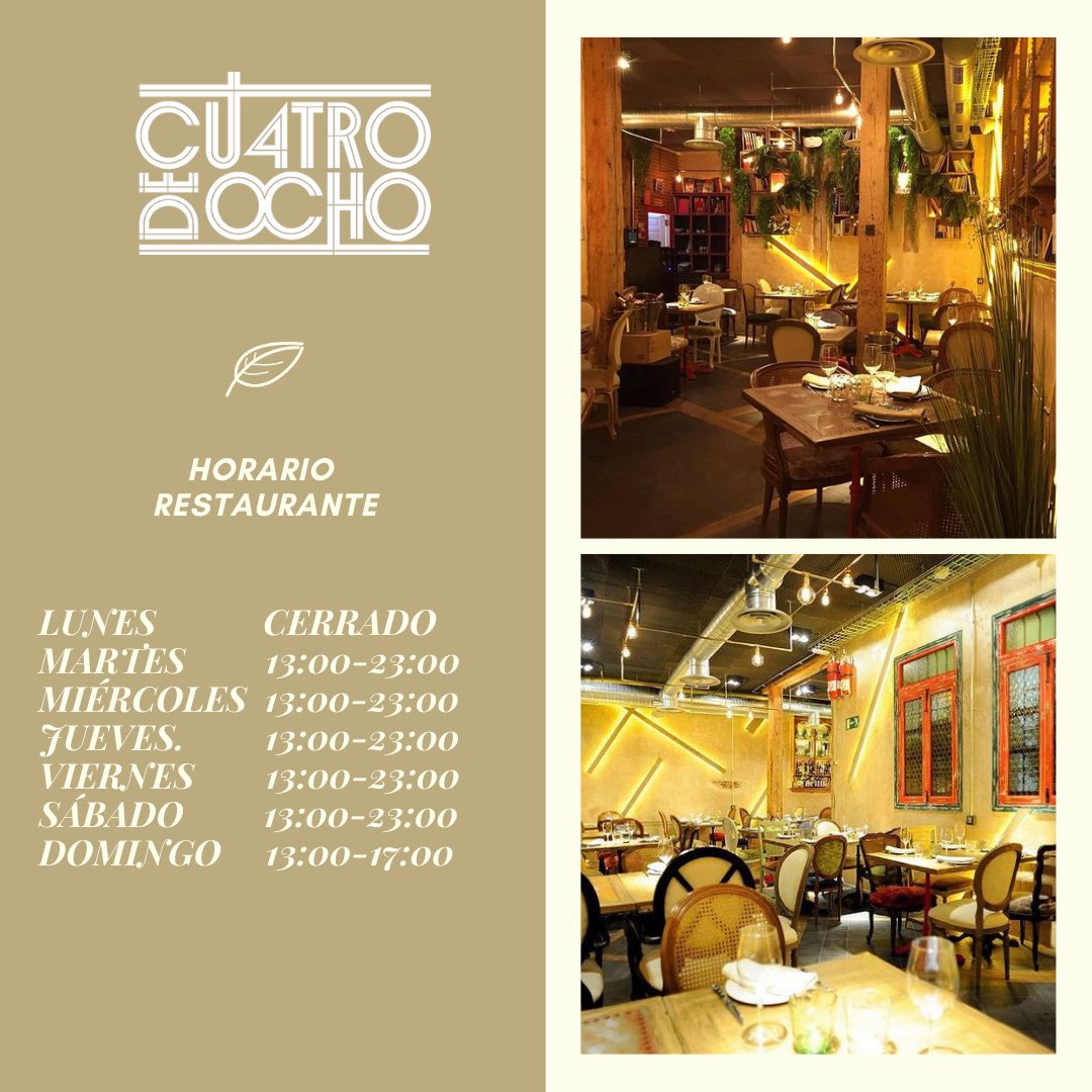 CUATRODEOCHO's tweet photo. ⚠️ Aquí os dejamos nuestro horario actual, hasta nuevo aviso. Podéis hacer vuestra reserva llamando al 📞 91 447 42 25 ¡Os esperamos! 🤗 #CUATRODEOCHO #GrupoAlcaravea #restaurante #restaurantemadrid #centrodemadrid #horario #horarioespecial #comida #cena #food #foodies https://t.co/PT5Y1u1mfS