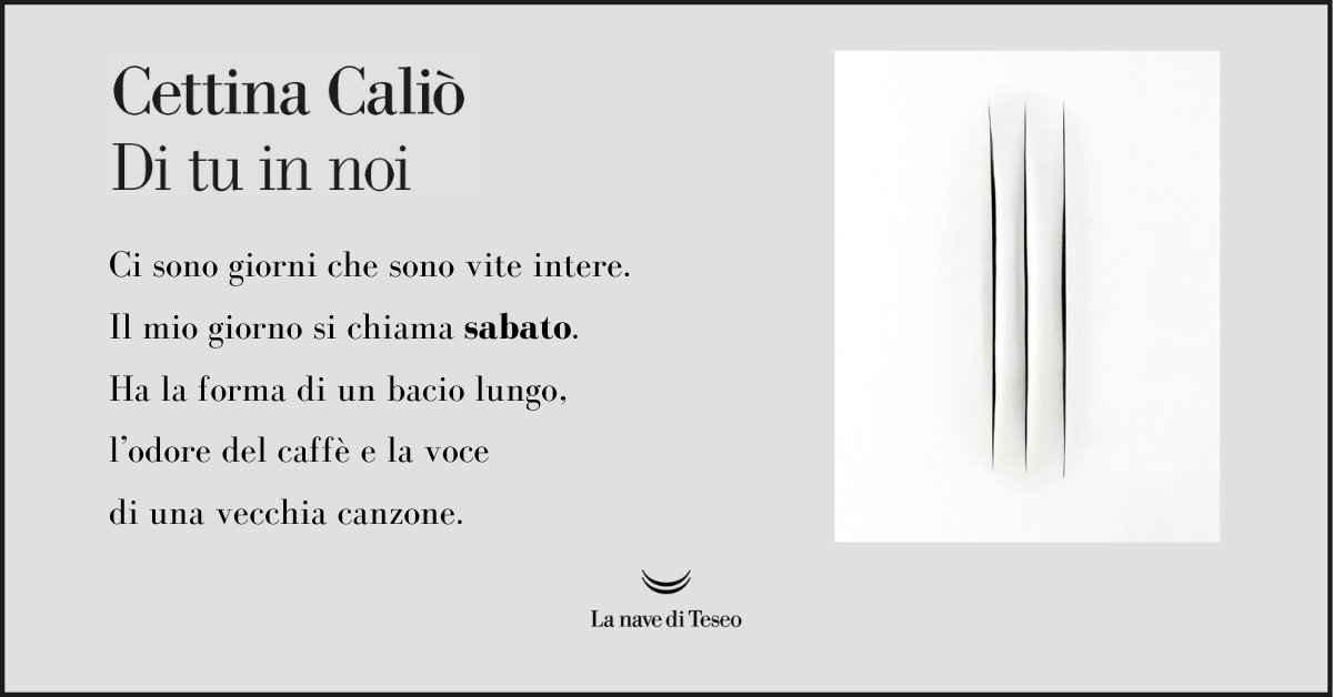 «Scrivo perché mi aiuta a respirare meglio. Perché ho nostalgia di tutti i momenti in cui mi sono sentita viva.»

La #poesia di Cettina Caliò nella raccolta "Di tu in noi": bit.ly/CaliòDiTuInNoi

<a href="/scperroni/">Sergio C. Perroni</a> <a href="/poetarumsilva/">poetarumsilva</a> <a href="/Poesiaitalia/">Poesia</a> <a href="/SocietyPoets/">La setta dei poeti estinti</a> <a href="/MondoDiVersi/">MondoDiVersi</a> <a href="/AtelierPoesia/">Atelier Poesia</a>