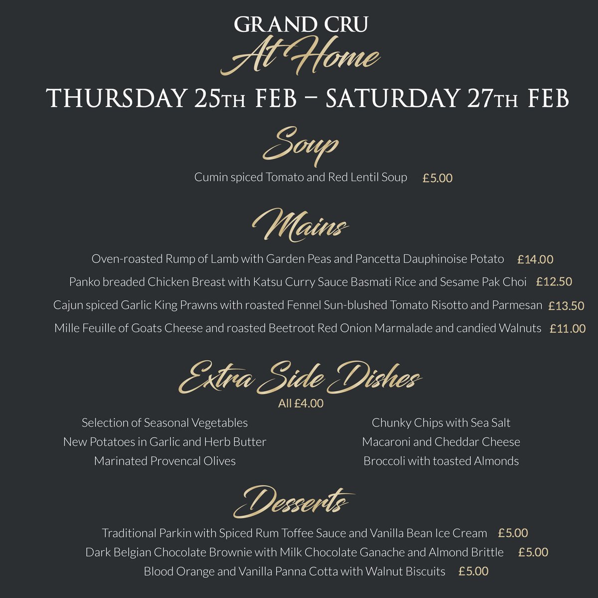 GrandCruDining's tweet photo. Can’t decide what to do for dinner? 💛

Check out the plentiful variety of dishes on our takeaway menu – we have a few last minute bookings left, don’t wait, place your order now. hello@grandcrurestaurant.co.uk 📧 https://t.co/4k4IxHfAQU
