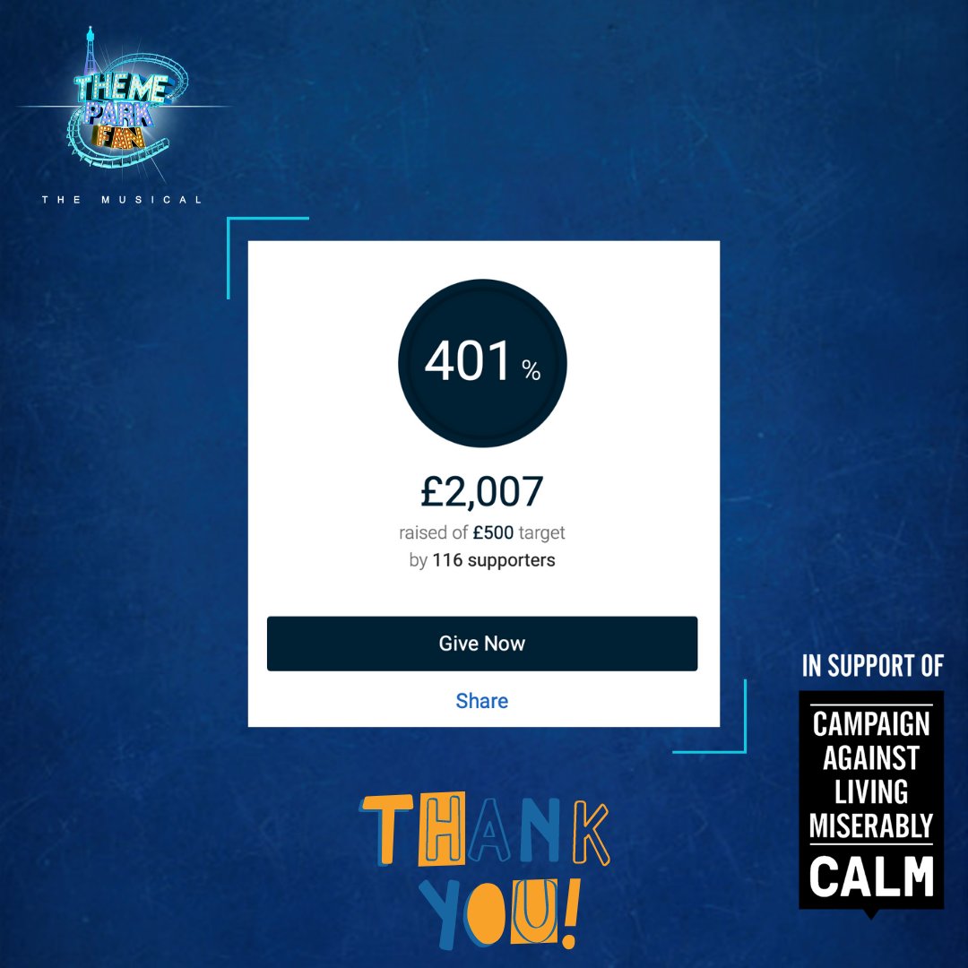 Wow oh Wow! Last night we hit the 2k mark for <a href="/theCALMzone/">CALM</a>!! You guys are amazing! We're so overwhelmed by your generosity. If you would like to donate, you still can here ow.ly/QeCR50DLmi8
Thank you everyone!
#ThemeParkFanMusical #2kFundraised #2kRaised #TeamCALM
