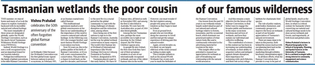 vishnu_prahalad's tweet photo. Feb 2021 is a notable landmark for those following #wetlands and the @RamsarConv. I wrote an article on it that has been published today in #Tasmania Mercury newspaper. Wetlands still have a PR problem and there is a long way to go for conserving them. @Sciences_UTAS https://t.co/qeYkWPDHHR
