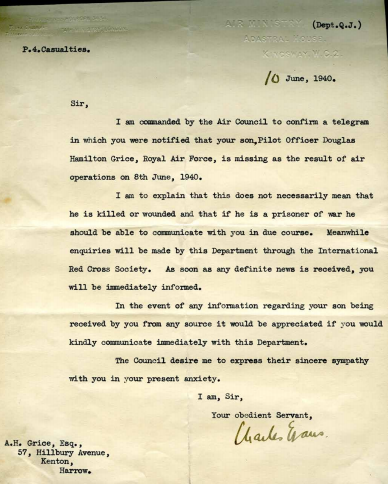 BigginHillMMT's tweet photo. A letter every wartime parent dreaded. The father of Flying Officer Douglas Grice is informed that his son is missing ‘as a result of air operations on 8th June, 1940.’ Thankfully, Grice was later rescued from the sea after he baled out of his plane. #ChartwellNT #VisitKent https://t.co/tjdKB8ruoT