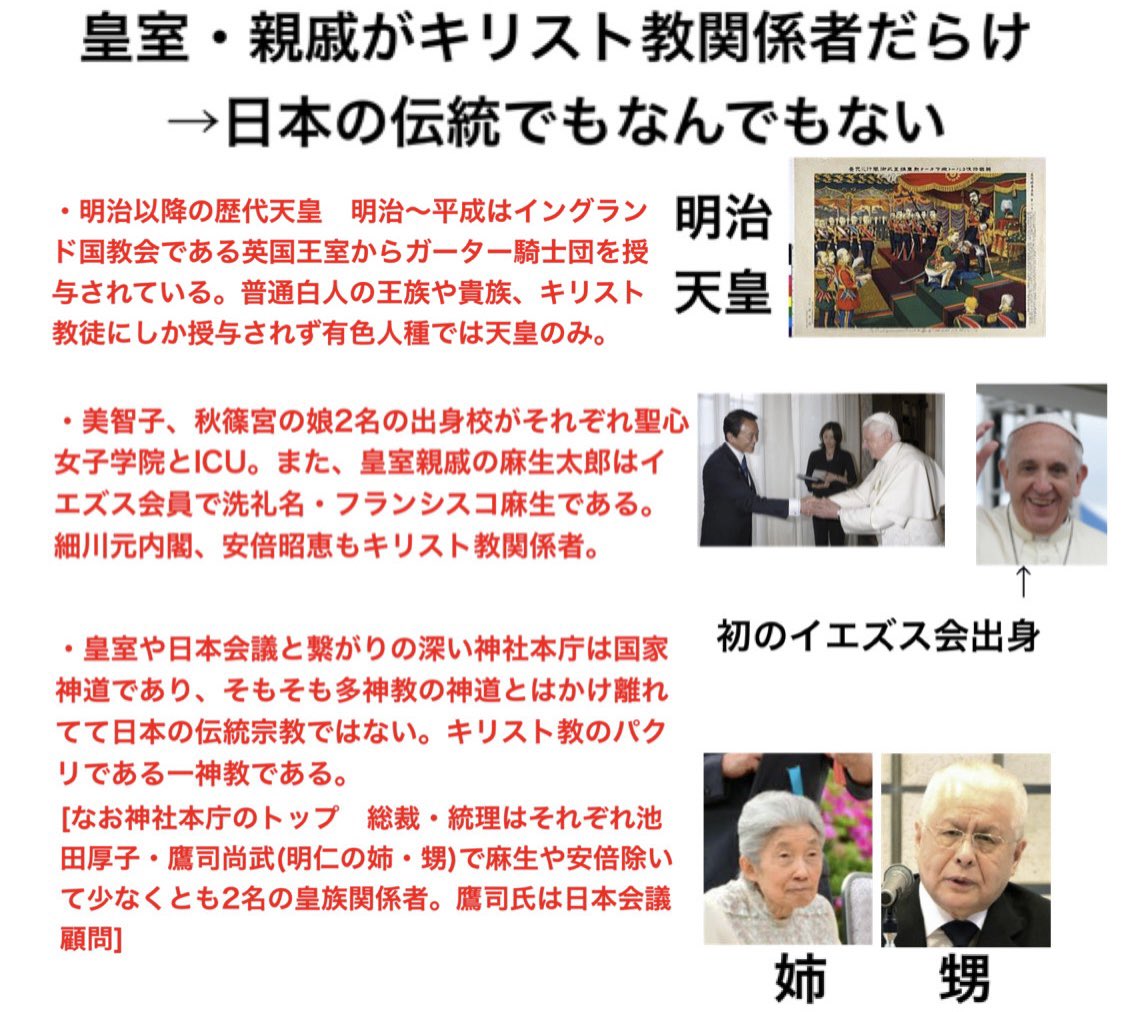 kikutabu911's tweet photo. https://t.co/1HSARDfqry
画像制作更新(転載フリー)

要点
・DSの歴史とはローマカトリックの歴史である。
・明治新政府の考案した華族制度により徳川本家・各大名・公家は皆天皇の配下となる。
・皇族が教皇庁やイングランド国教会の一員であるか否かは各自の判断に任せます。 https://t.co/L1uqI533vU