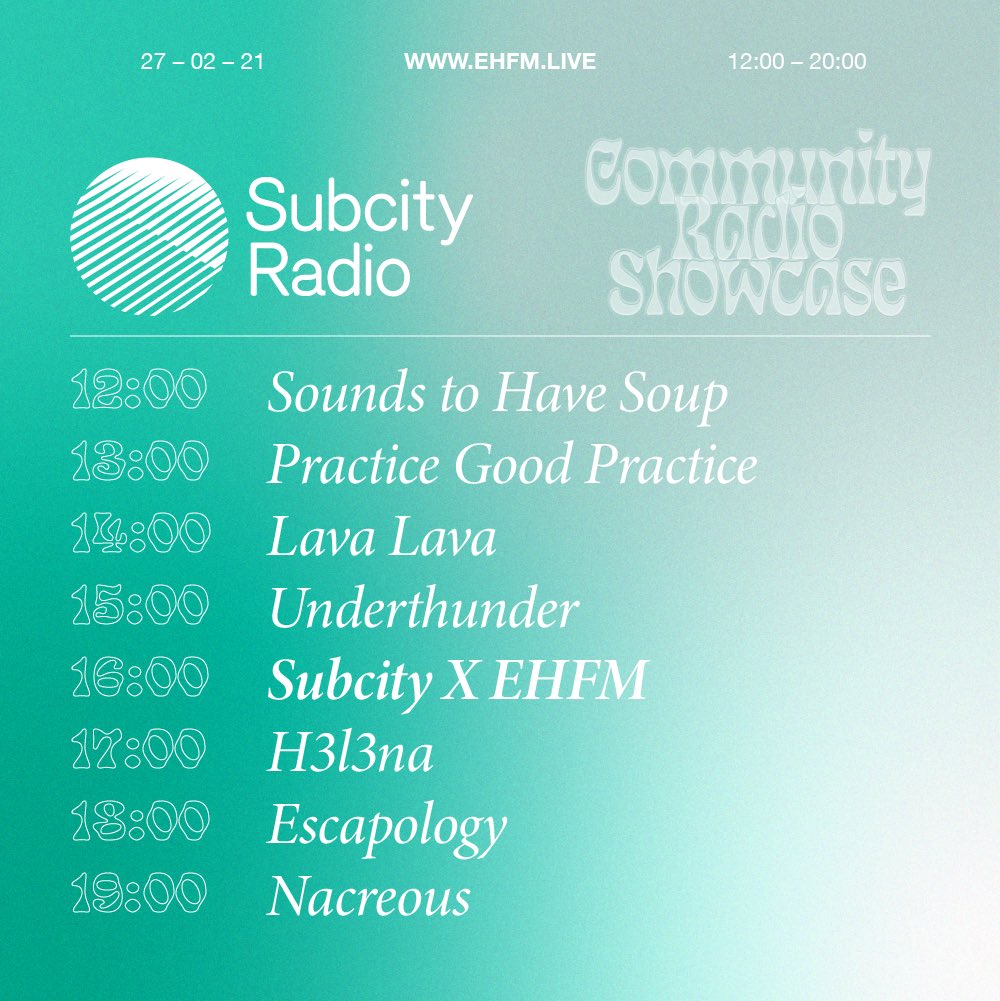 So excited to be among such great company as part of the <a href="/SubcityRadio/">Subcity Radio</a> showcase on <a href="/ehfm_live/">EHFM</a>! ⚡️⚡️
Listen in from midday ‘til 8 via ehfm.live