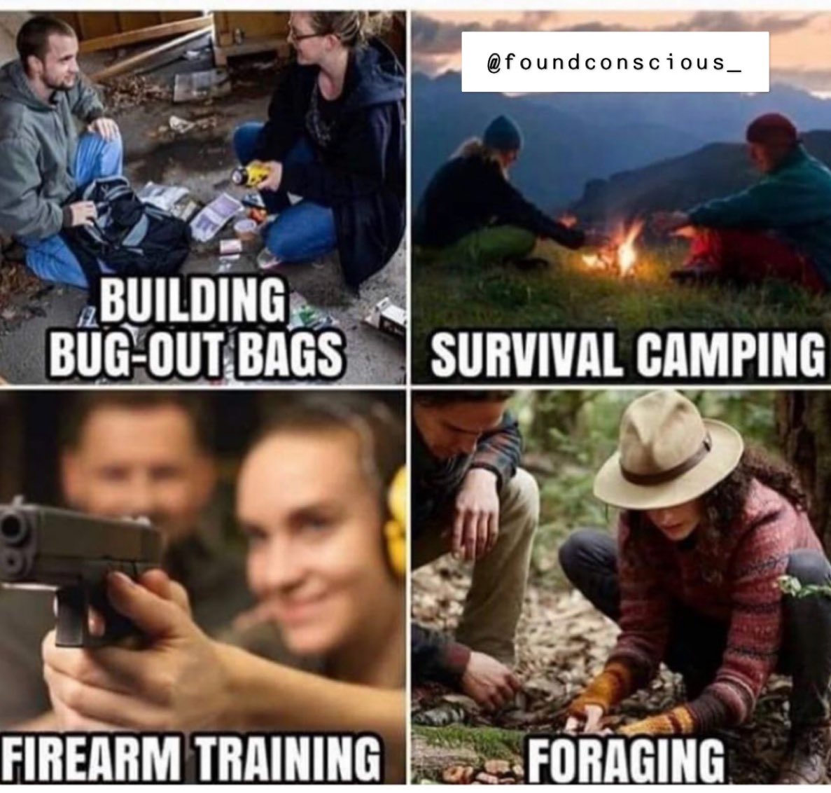 أربع مهارات مهمة تعلمها: 
١- بناء حقيبة النجاة 
٢- مخيم النجاة
٣- الرماية
٤- البحث عن الطعام