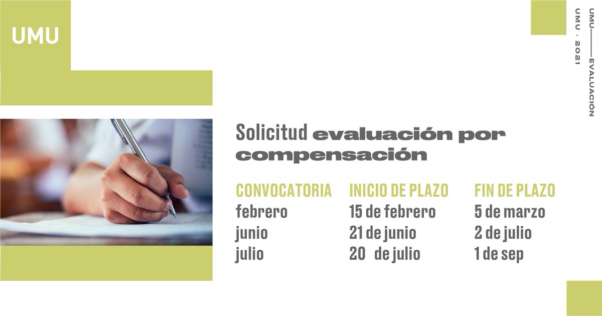 UMU's tweet photo. 📅 La solicitud de evaluación por compensación se realizará vía online mediante el enlace ➡️ https://t.co/RnuoGKfhZS Si necesitas acogerte a cualquiera de estas convocatorias, debes realizar tu solicitud respetando dicho plazo. Más info, aquí ➡️  https://t.co/s7g6yydOHJ https://t.co/KrMwWoRQNi