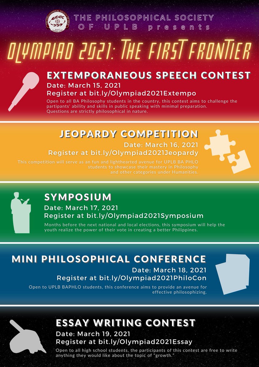 PhilosocUPLB's tweet image. 4. Mini Philosophical Conference (18 March 2021)
Reg Link: bit.ly/Olympiad2021Ph…

5. Essay Writing Contest (19 March 2021)
Reg Link: bit.ly/Olympiad2021Es…

Full details about each event will be posted on the following days 👀

#Olympiad2021
#TatakPhilosoc