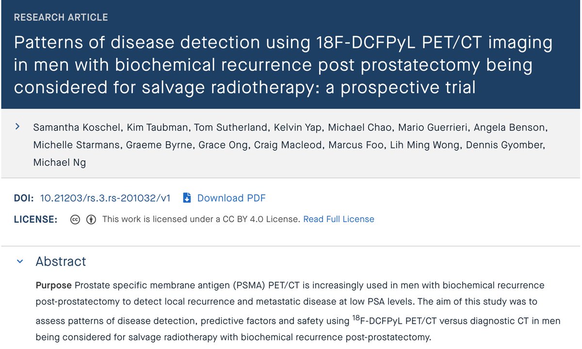 Pleased to share our most recent results showing 18F #DCFPyL #PETCT increases detection of #disease in men with #biochemical #recurrence post #prostatectomy. Read here: researchsquare.com/article/rs-201…! #prostate #cancer #research researchgate.net/profile/Tom-Su…