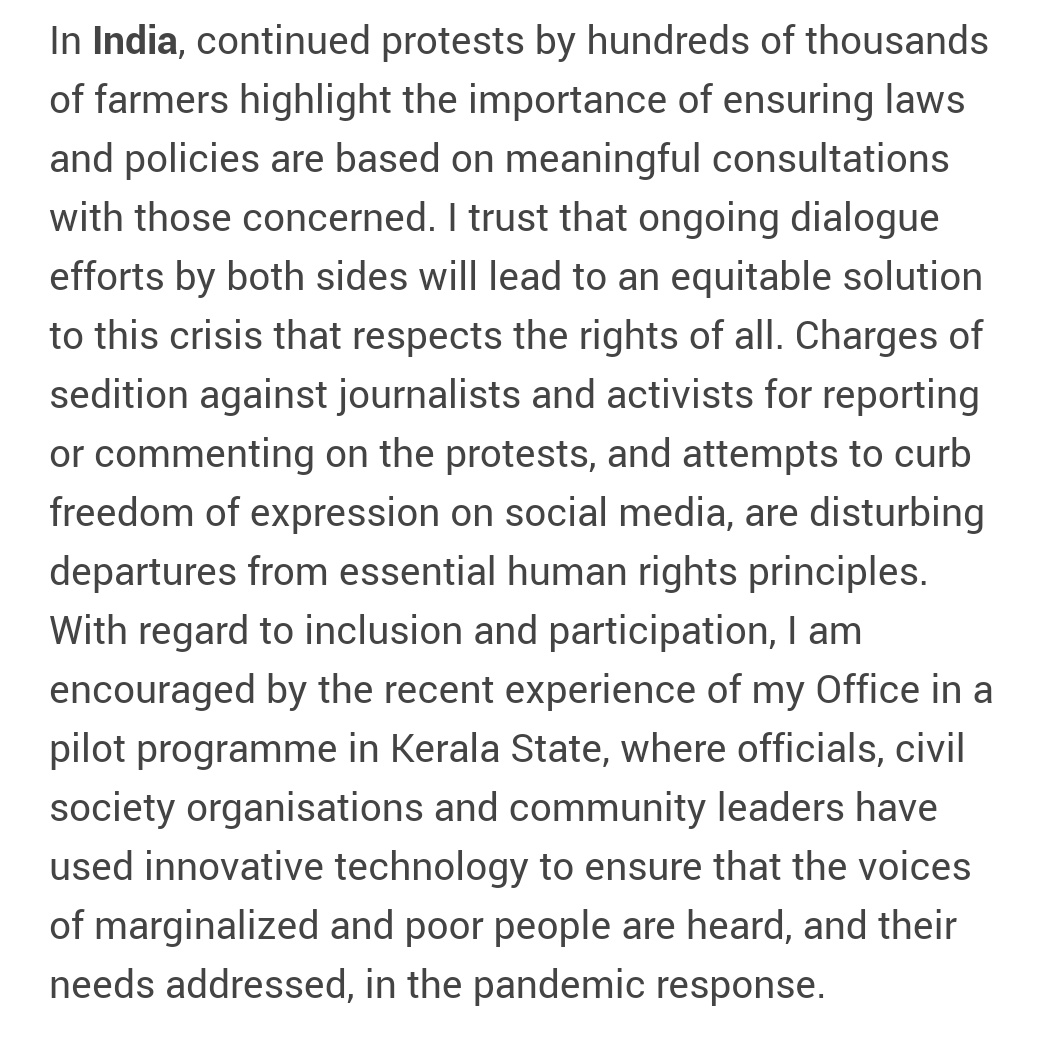 LiveLawIndia's tweet photo. 'Charges of sedition against journalists and activists for reporting or commenting on the (farmers) protests, &amp; attempt to curb freedom of expression on social media are distrubing departures from essential human rights principles' - UN High Commissioner for Human Rights on India https://t.co/AgU202Pi6O