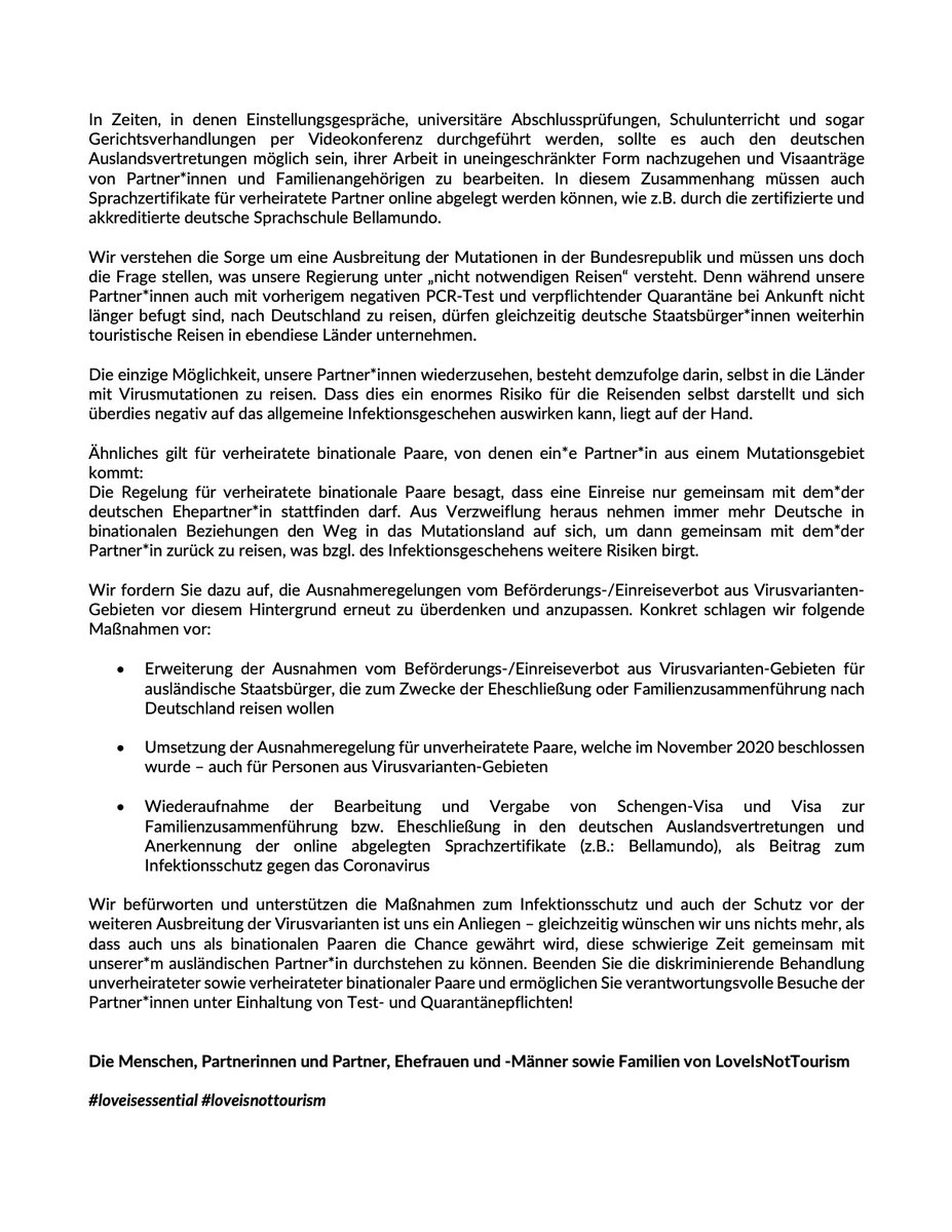 <a href="/RegSprecher/">Stefan Kornelius</a> <a href="/BMISprecher/">Steve Alter</a> <a href="/HeikoMaas/">Heiko Maas 🇪🇺</a> <a href="/AuswaertigesAmt/">Auswärtiges Amt</a> #LoveIsNotTourism appelliert erneut! mit einem offenen Brief an - Sie - zeigen Sie Menschlichkeit und Mitgefühl für getrennte Partner! <a href="/tagesschau/">tagesschau</a> <a href="/ZDFheute/">ZDFheute</a> <a href="/derspiegel/">DER SPIEGEL</a> <a href="/welt/">WELT</a> <a href="/SZ/">Süddeutsche Zeitung</a> <a href="/focusonline/">FOCUS online</a> <a href="/FAZ_Politik/">FAZ Politik</a> 1/2