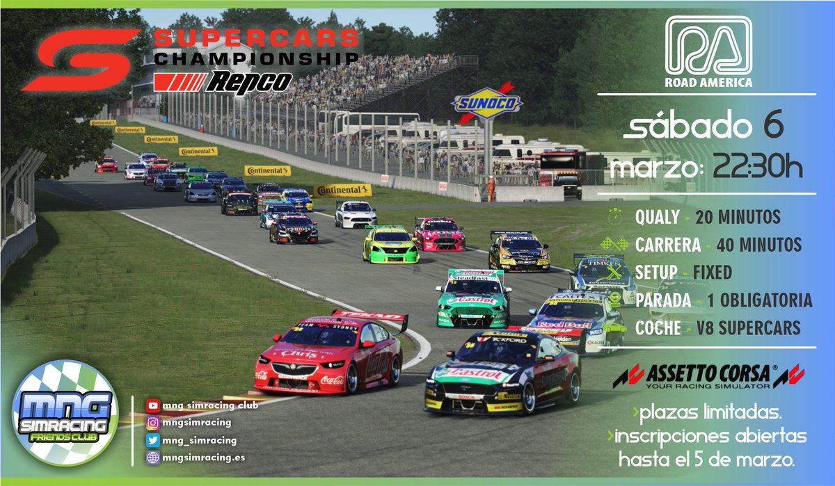 ¡Ya tenemos preparado el próximo evento MNG! El próximo sábado 6 de marzo tienes una cita con los SuperCars V8 en el circuito de Road América. Tienes toda la info en nuestro discord (discord.gg/T2FhXFGR). Plazas limitadas.

🟢FORMULARIO DE INSCRIPCIÓN: forms.gle/xjD2Yi3j4d3WPa…
