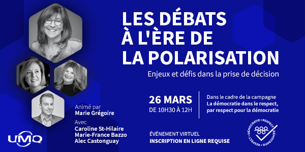 UMQuebec's tweet photo. Les débats à l’ère de la polarisation: un événement virtuel gratuit de l’#UMQ animé par @magregoire avec @MFBazzo @Alec_Castonguay @Sthilairec à ne pas manquer le 26 mars prochain.

Détails et inscriptions 👉 https://t.co/K4JaGKSxrR

#polmun #DémocratieRespect @mairesseroy https://t.co/3qHAGpiDVA