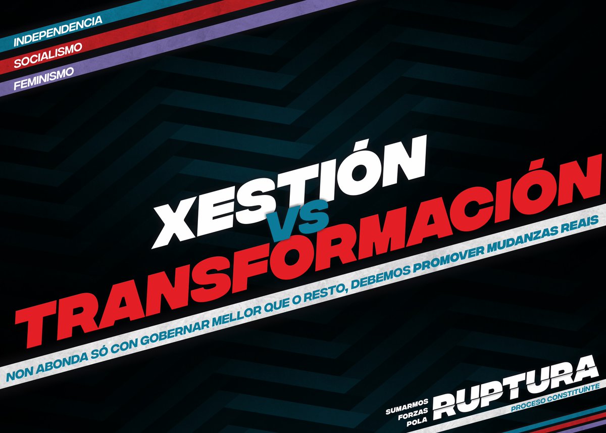 🔥 Apostamos pola intervención social, a mobilización e a construción popular como centro da acción política.

O eido institucional é un aspecto máis desas loitas. Non abonda só con gobernar mellor que o resto, debemos promover mudanzas reais ✊.

👉 ruptura.gal 👈