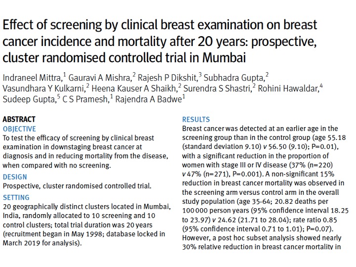 20 years later, the breast cancer results kicked in – a 15% (non-significant) reduction in breast cancer mortality in the study population, with a 30% breast cancer mortality reduction in women >50 years